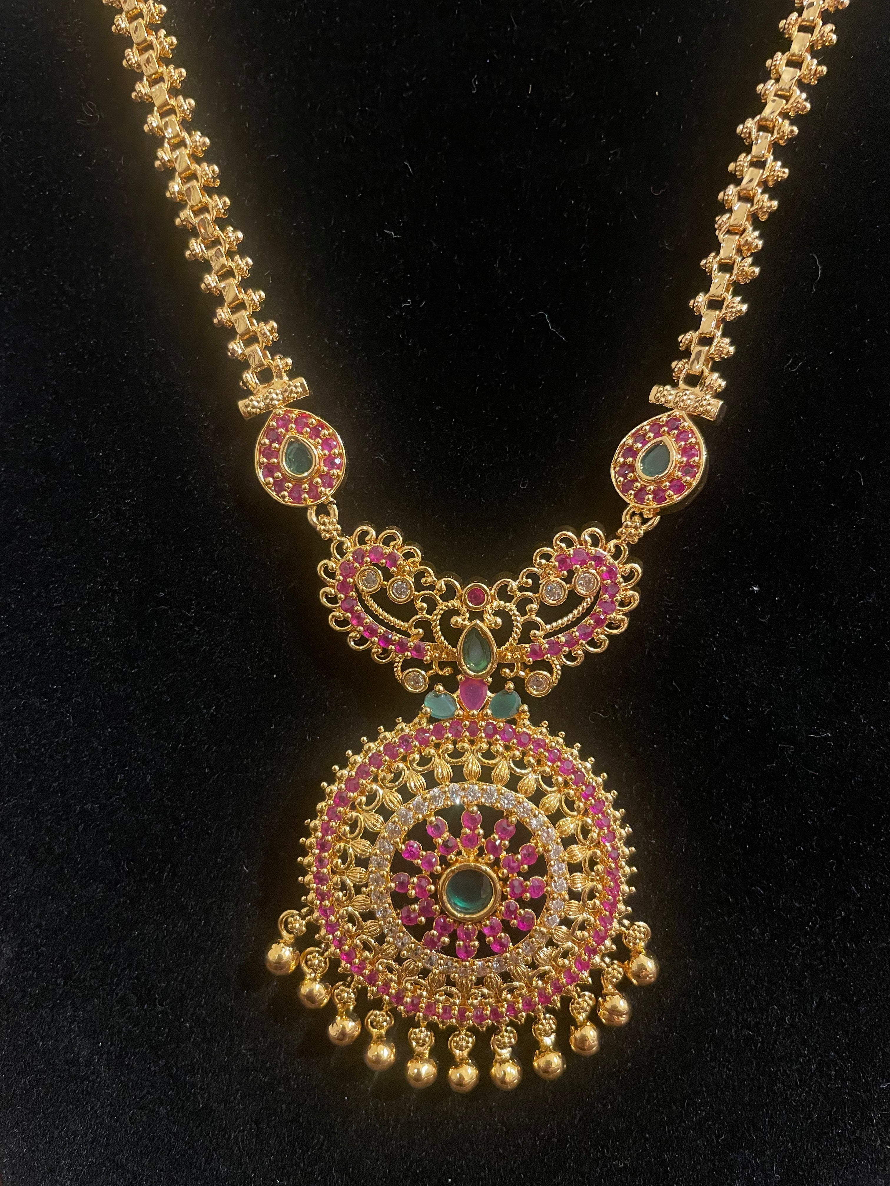 Elegant Pink & Green Stone Gold Plated Necklace for Women - Perfect for Parties, Weddings & Special Occasions
