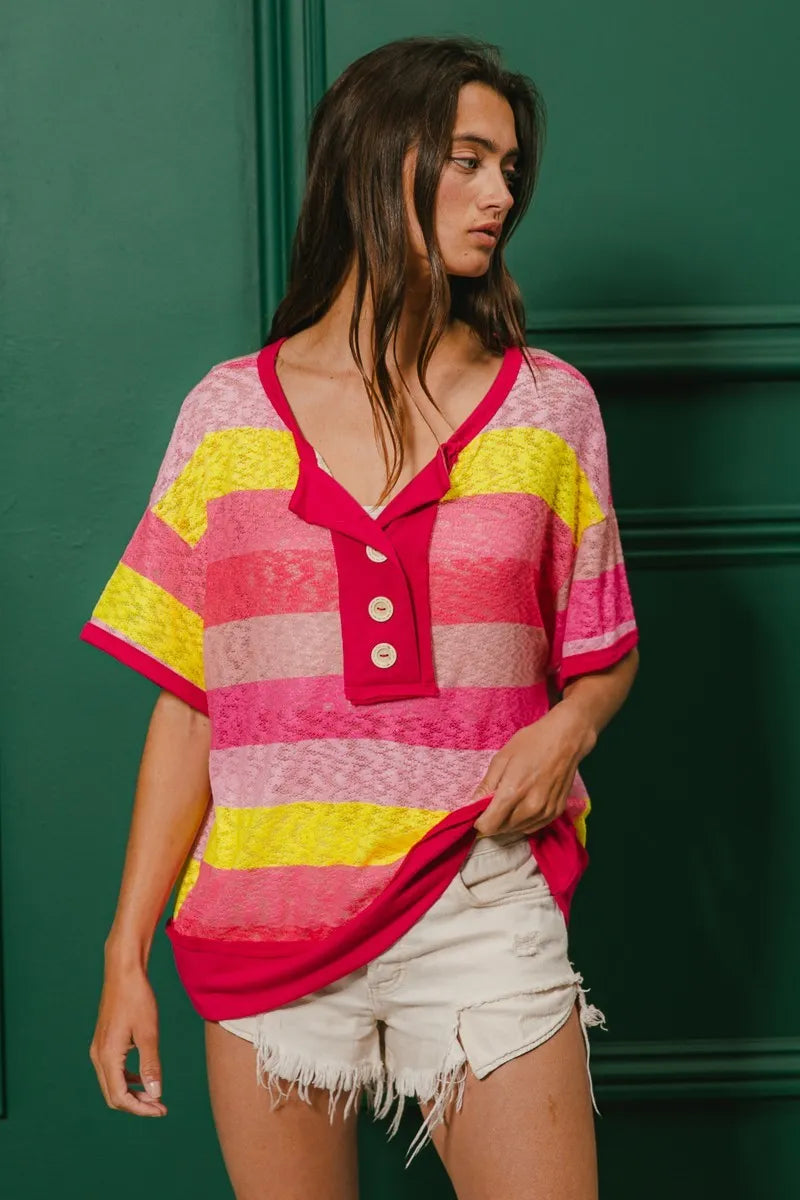 BiBi Women's Multi-Color Striped Hacci Knit Button Detail Ringer T-Shirt | Casual Summer Top for Outfits, Beach & Date Nights