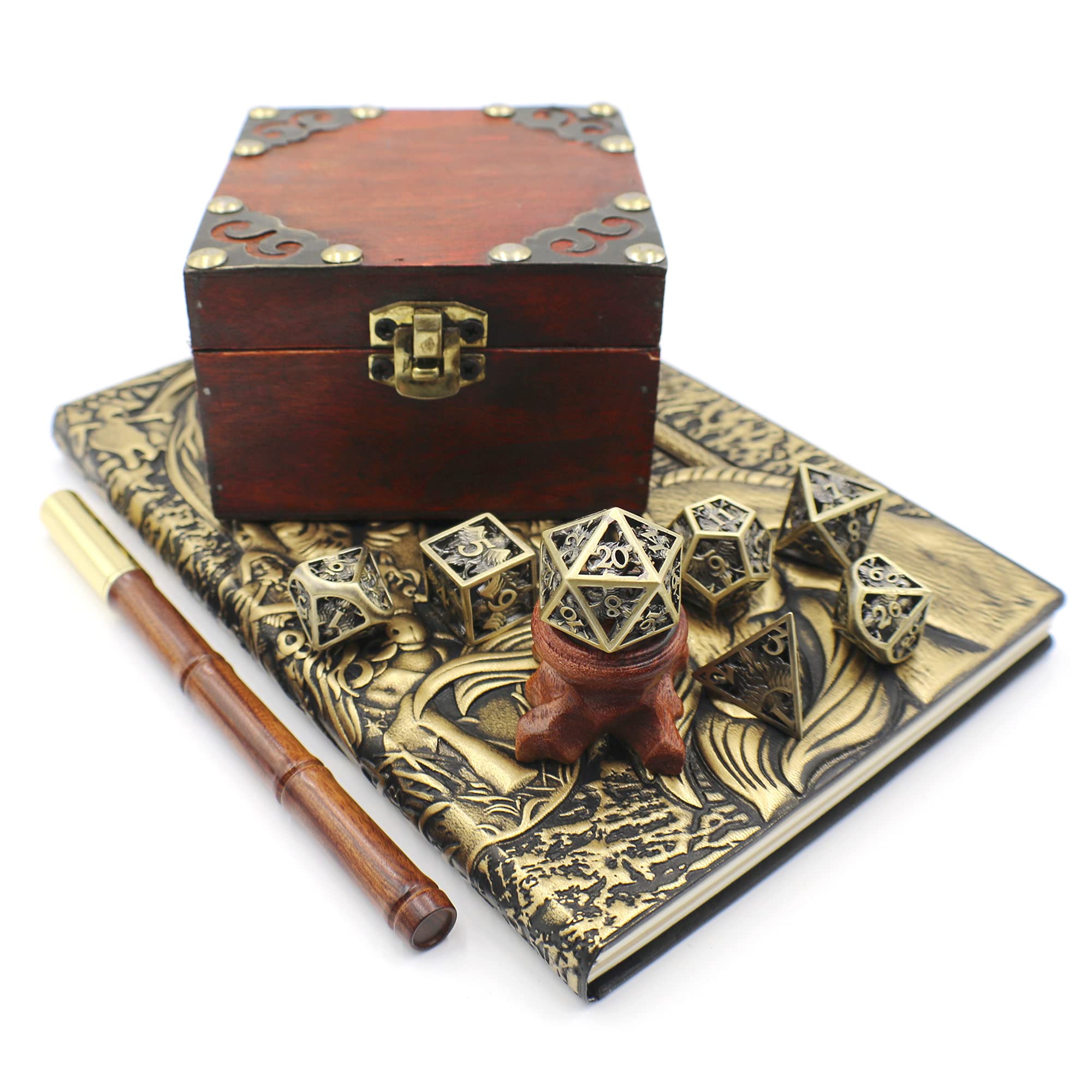 Premium Hollow Brass Dice Set with Journal & Wooden Pen Gift Box - Bronze & Silver Finish - Perfect for Tabletop RPG Games, D&D Accessories & Unique Gifts for Gamers