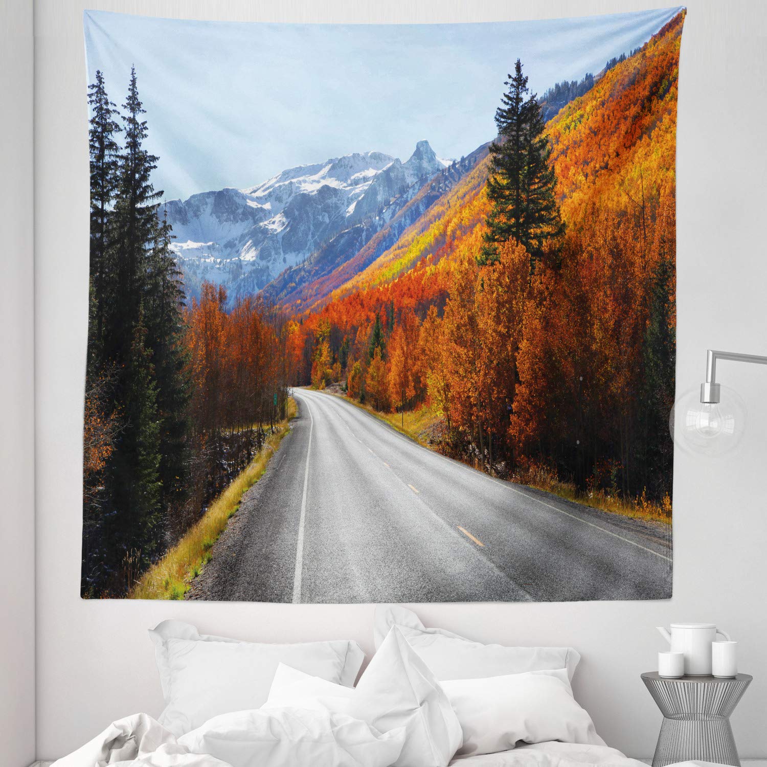 Ambesonne Queen Size Fall Tapestry - Scenic Highway Through Countryside with Snowy Mountains & Autumn Foliage - 88x88 Inch Wall Hanging, Bedspread, Bed Cover for Home Decor - Perfect for Living Room, Bedroom or Dorm Wall Art