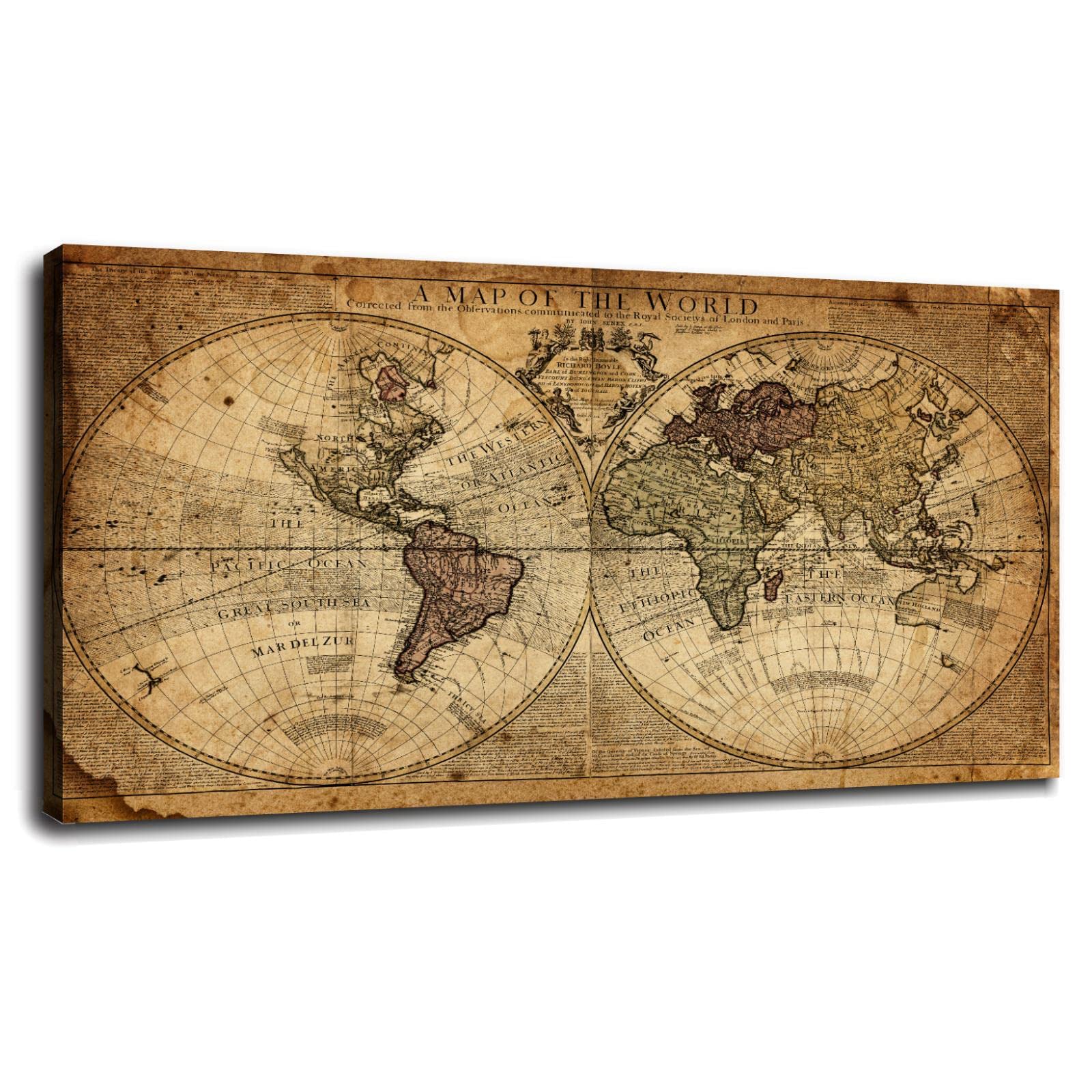 Vintage World Map Canvas Wall Art - Framed 36x20 Inch Decor for Living Room, Bedroom, Office | Perfect for Home, Dorm & Gift Giving
