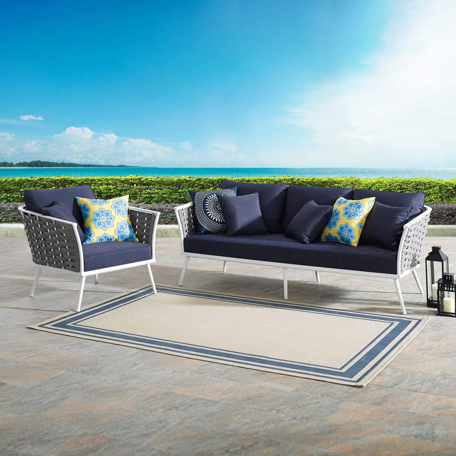 Modern Outdoor Patio Furniture Set - Aluminum Lounge Chair & Sofa with Navy Fabric Cushions - Perfect for Balcony, Garden, or Poolside Relaxation