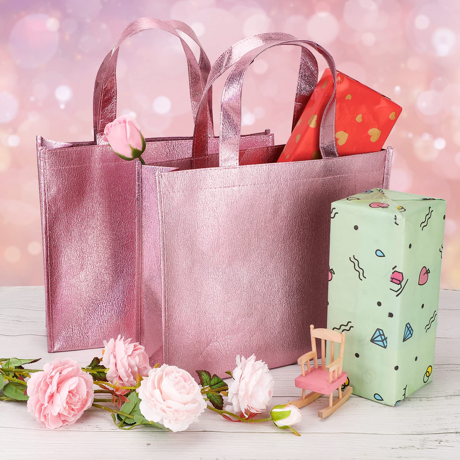 PHOGARY 12 Pack Large Pink Gift Bags with Handles - Premium Non-Woven Fabric Reusable Party Favor Bags for Birthday, Bachelorette, Wedding & Bridal Shower | Perfect for Gift Wrapping, Party Favors & Goodie Bags