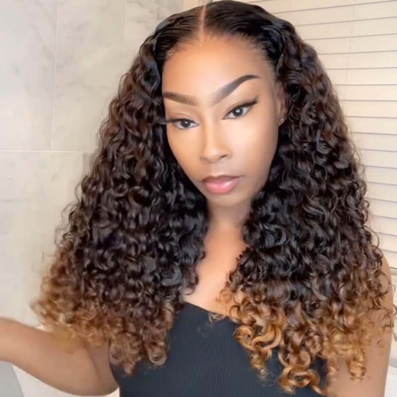 Eullair Fashionable Glueless Ombre Brown to Honey Blonde Curly Lace Front Wig with Dark Roots - 100% Human Hair for Women (EW008) | Perfect for Daily Wear, Parties & Special Occasions