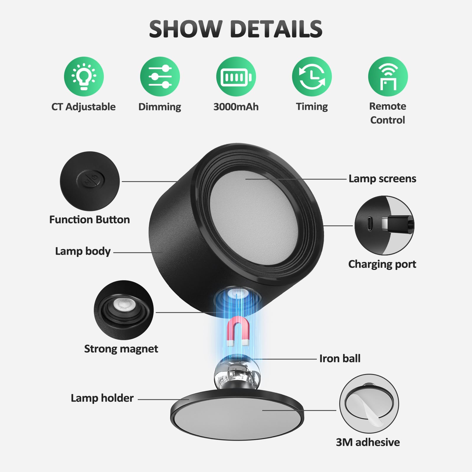 2 Pack LED Wall Sconces with Remote Control - Rechargeable Battery Operated Wall Lights, 3 Color Temperatures & Dimmable, 360° Magnetic Rotation for Bedroom, Hallway, Staircase Lighting