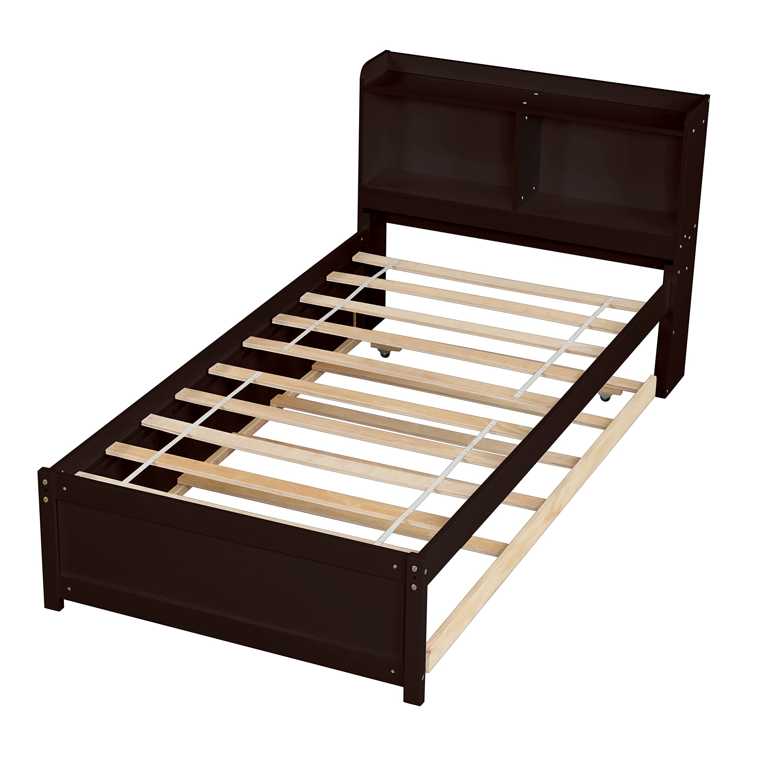 Twin Size Platform Bed with Trundle - Wooden Twin Bed Frame with Bookcase Headboard & Storage Shelves, No Box Spring Needed (Espresso) - Perfect for Kids' Rooms, Guest Beds & Small Spaces