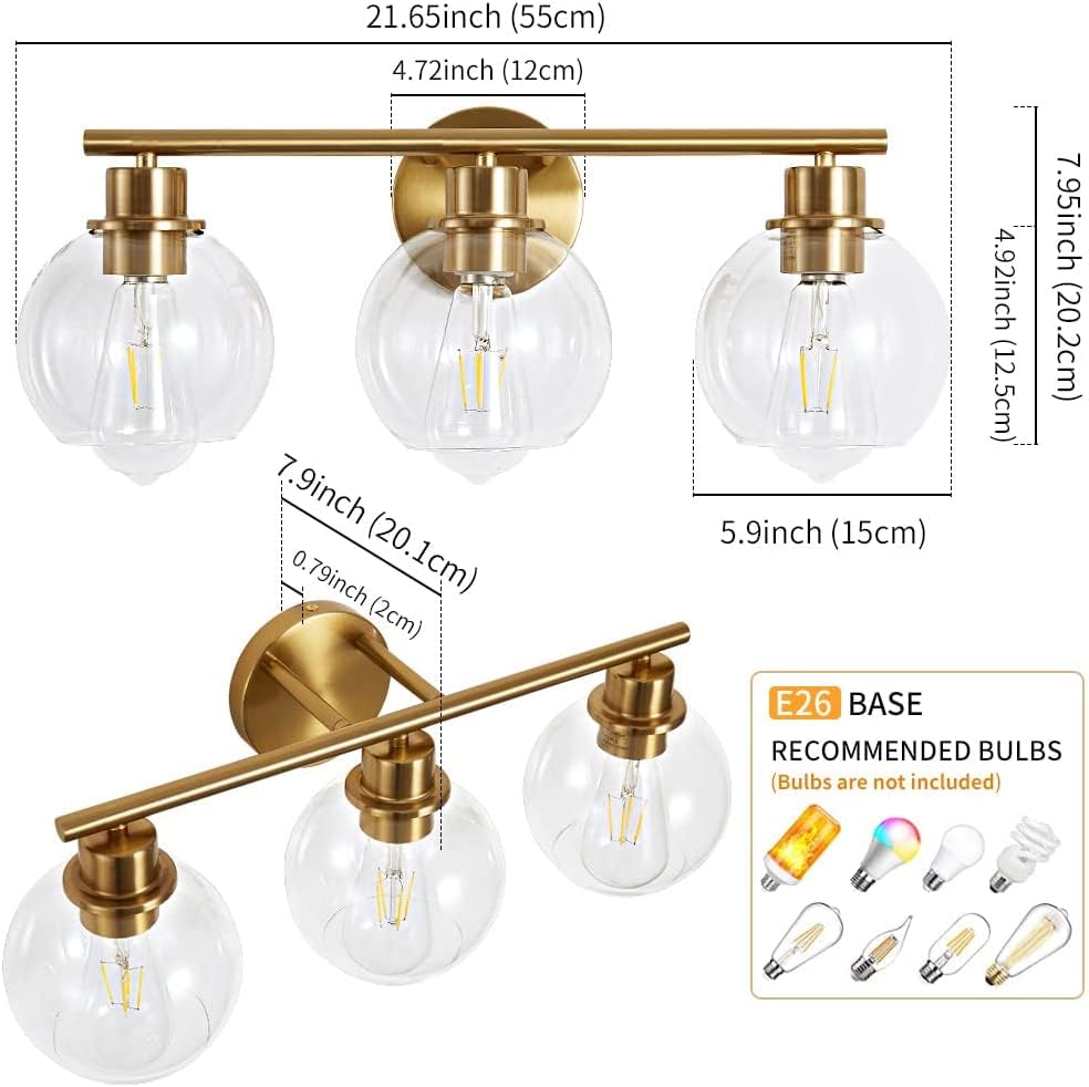 3-Light Modern Gold Bathroom Vanity Light with Clear Glass Shade - 22 Inch Wall Sconce for Mirror Lighting | Perfect for Bathroom, Powder Room and Dressing Area Illumination