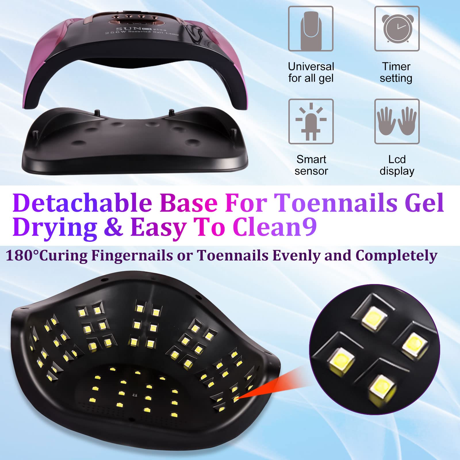 Professional 256W UV LED Nail Lamp with Auto Sensor - 4 Timer Settings for Gel Polish Curing, Salon-Quality Manicure & Pedicure Light (Includes 9 Free Accessories) - Perfect for Home Nail Care & Professional Salons