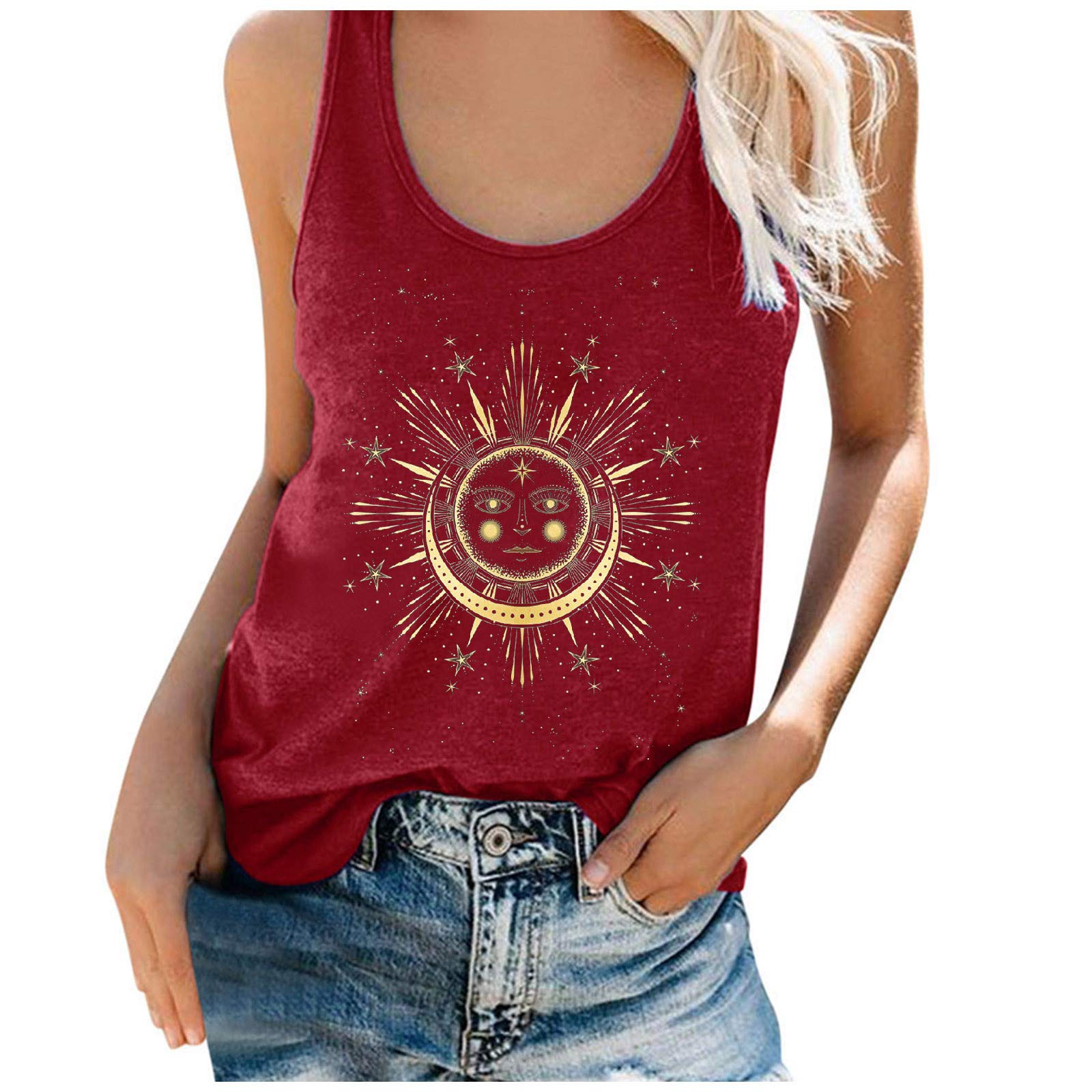 Plus Size Women's Tank Tops - Sun Moon Print Sleeveless Tee for Beach & Summer Outings