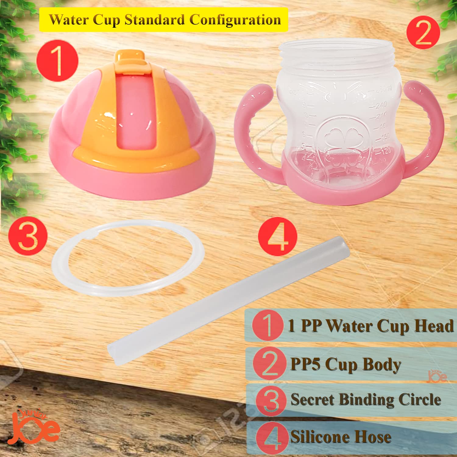 JUNIOR JOE Plastic Baby Straw Sipper Water Bottle - 280ml (Pink) | BPA-Free Leak-Proof Toddler Cup for Kids | Perfect for Daycare, Travel & On-the-Go Hydration