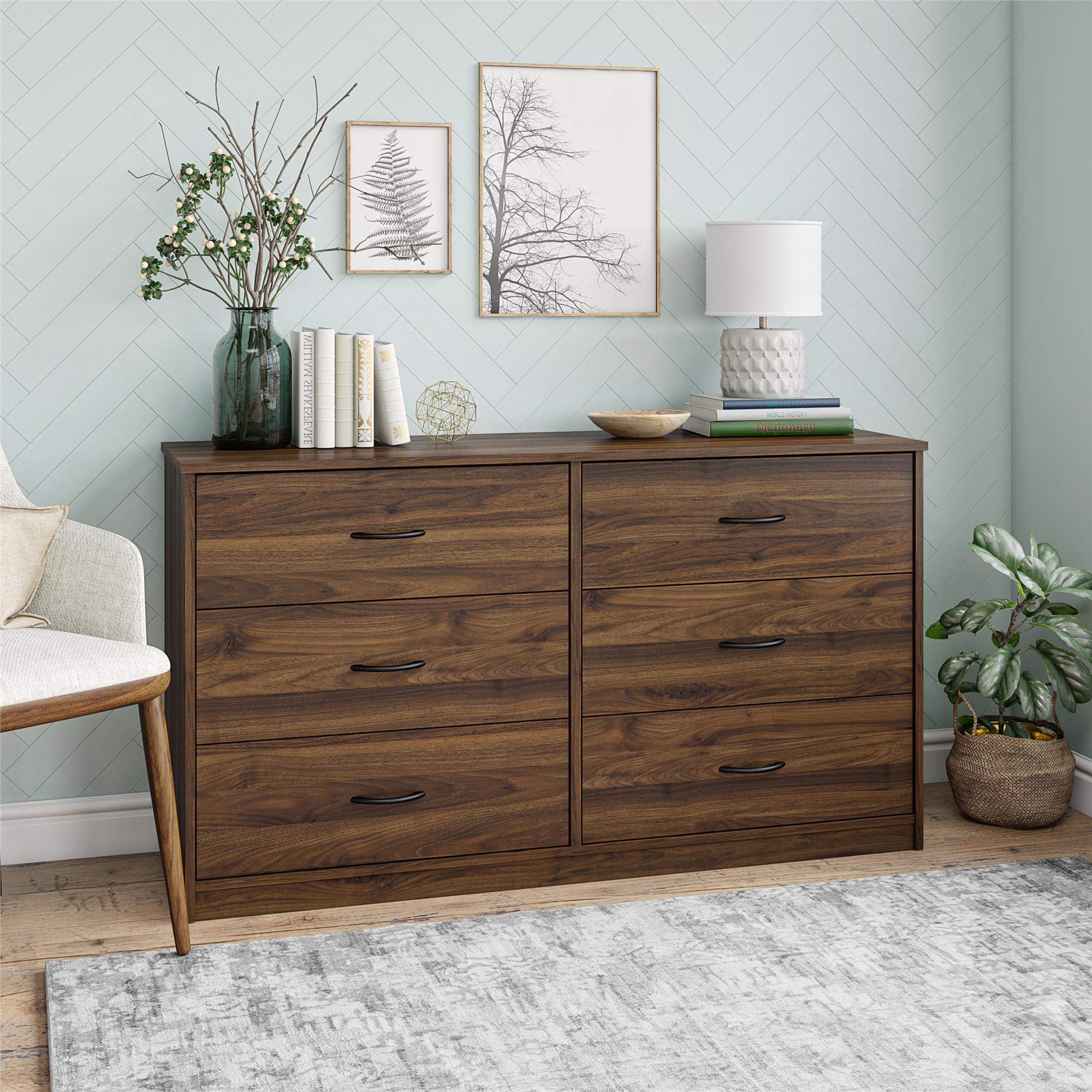Mainstay Classic 6-Drawer Walnut Dresser - Solid Wood Bedroom Storage Furniture for Clothes & Accessories | Perfect for Master Bedroom, Guest Room & Dorm Organization