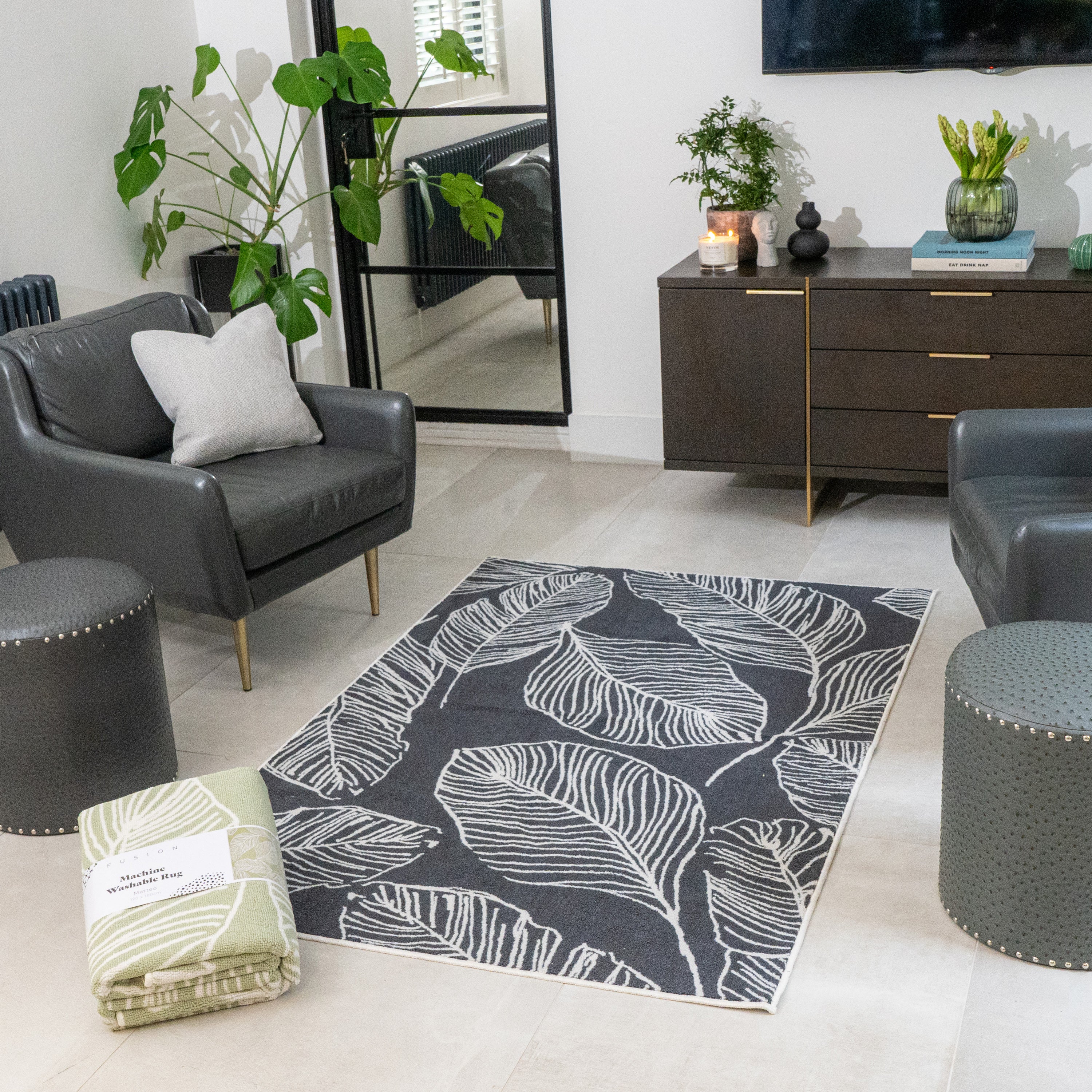 Fusion Matteo Washable Rug - Charcoal Grey | Soft & Durable Indoor/Outdoor Carpet for Living Room, Bedroom, Patio