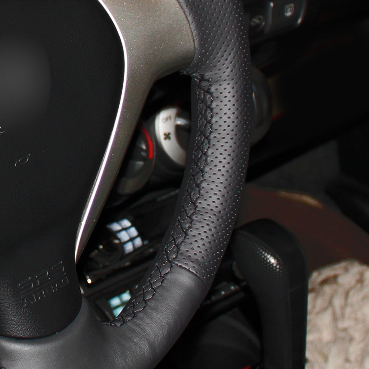 MEWANT Black Artificial Leather Steering Wheel Cover for Honda Fit - Hand Sewn, Non-Slip Grip, Universal Fit Car Accessories - Perfect for Driving Comfort & Interior Upgrade