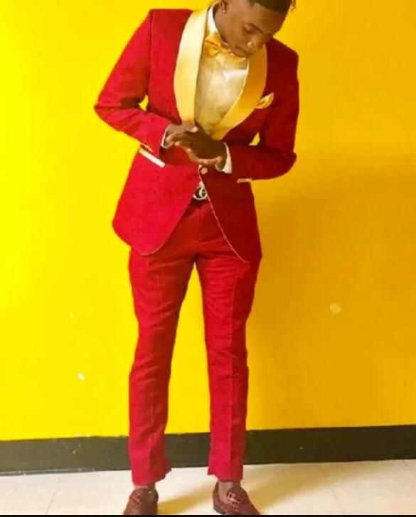 Stylish Paisley Pattern Red and Gold Prom Suits for Men - 2 Piece Tuxedo Set (Jacket & Pants) CS41113 - Perfect for Prom, Weddings & Formal Events