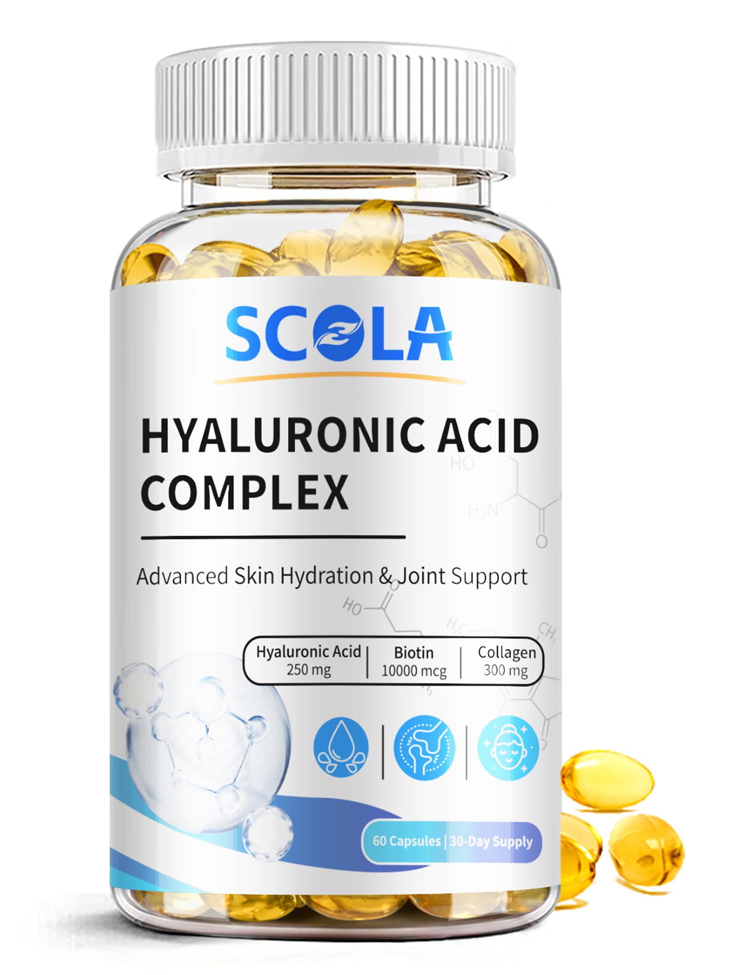 Premium Hyaluronic Acid Supplements 250mg with Vitamin C, Collagen & 10000mcg Biotin - Advanced Skin Hydration, Joint Support & Anti-Aging Formula - 60 Vegan Capsules for Glowing Skin & Healthy Joints - Perfect for Daily Beauty Routine & Active Lifestyle