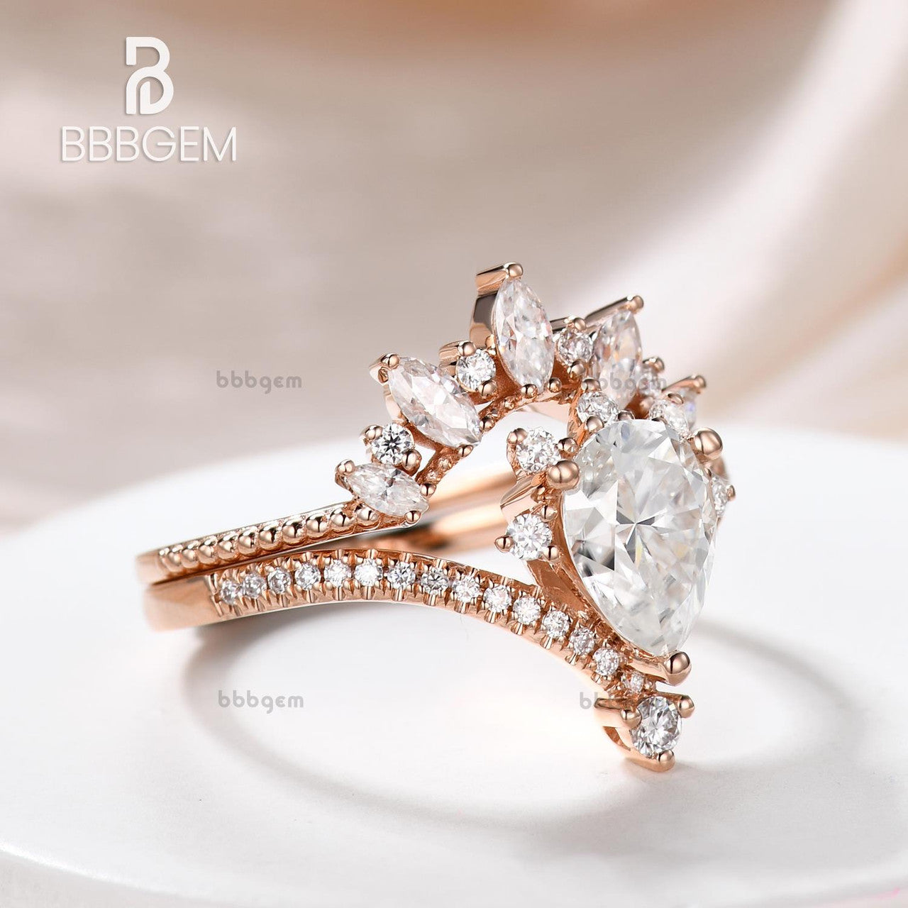 Vintage Pear Moissanite Ring Set - Diamond Curve Shaped Wedding Band - Royal Crown Fashion Jewelry for Engagement, Anniversary & Special Occasions