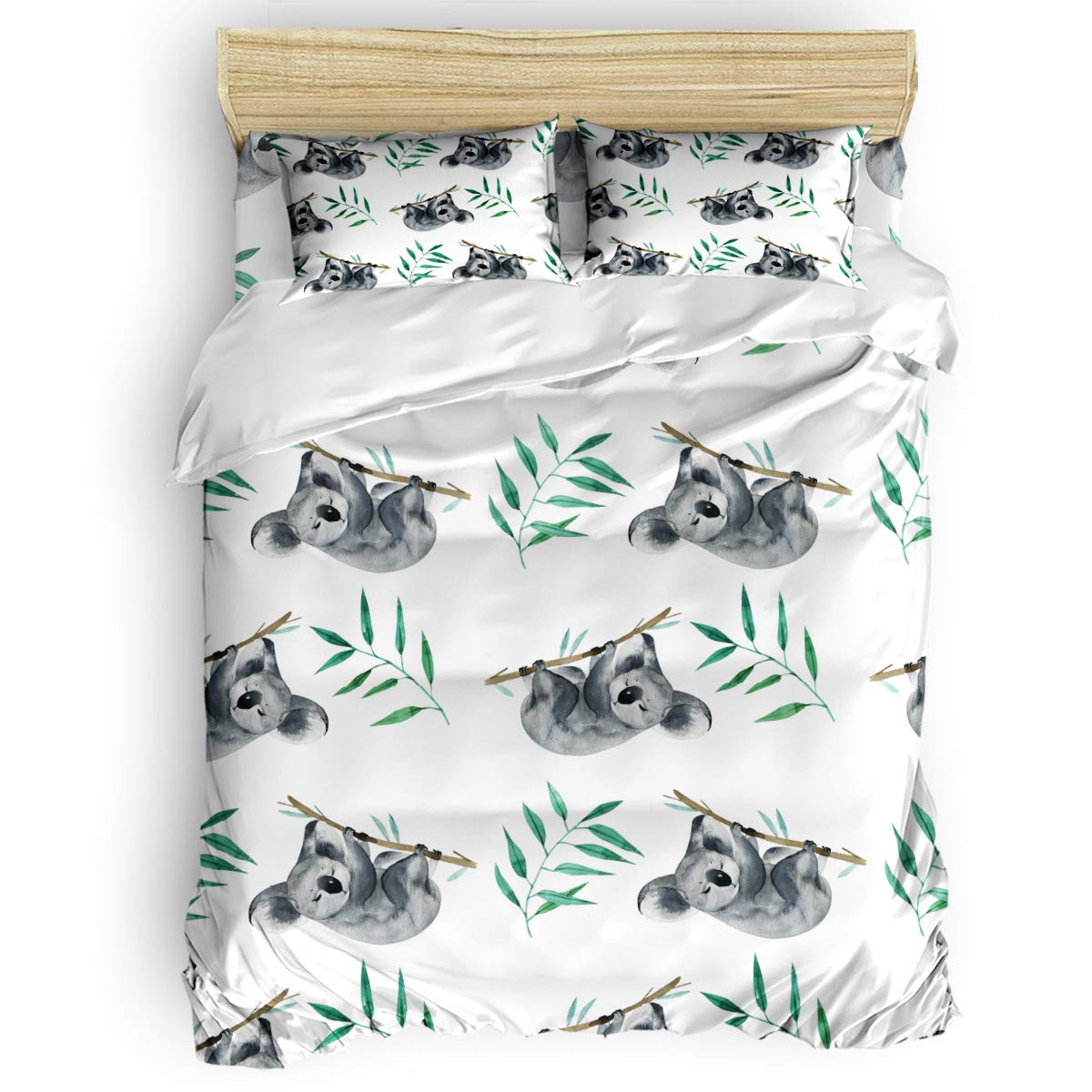 Vandarllin Queen Size Duvet Cover Set - 4 Piece Cute Koala Print Bedding Set, 50% Cotton 50% Polyester, Watercolor Design for Kids Teens Adults | Soft Comfortable Bedspread for Nursery, Dorm Room & Home Decor