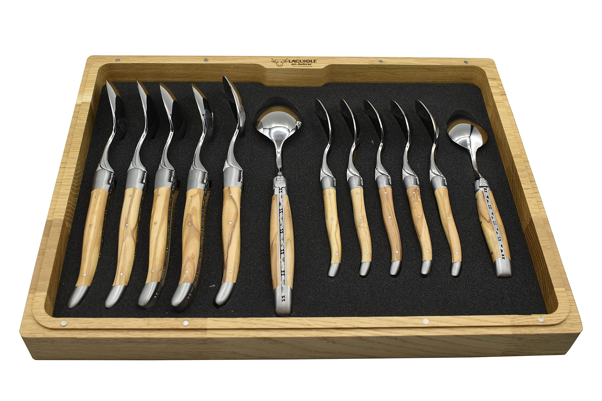 Premium Laguiole en Aubrac 24-Piece Flatware Set - 6 Steak Knives, 6 Forks, 6 Soup & 6 Tea Spoons - Olive Wood Handle & Stainless Steel Brushed Bolsters - Elegant Dinnerware for Fine Dining & Entertaining
