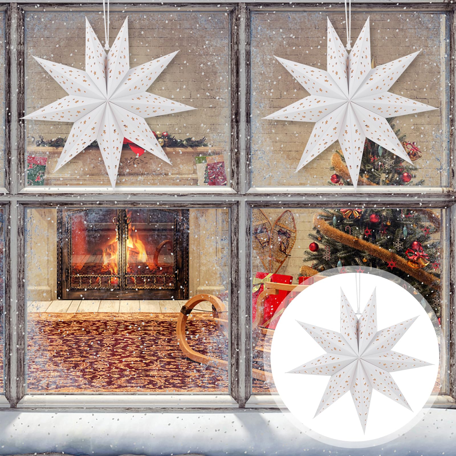 3-Pack Decorative Paper Star Lanterns - Nine-Pointed Hanging Pendant Lamp Shades for Bedroom, Party & Wedding Decor - DIY Home Lighting Accessories