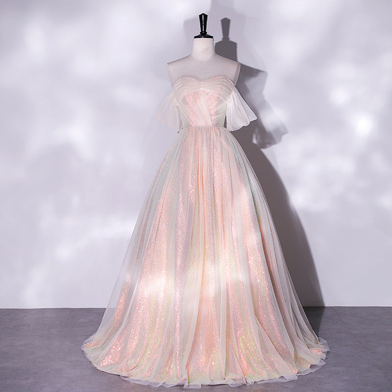 Elegant Off Shoulder Gold & Pink Shiny Prom Dress - A-Line Princess Party Gown for Homecoming, Sweet 16, Formal Events & Special Occasions
