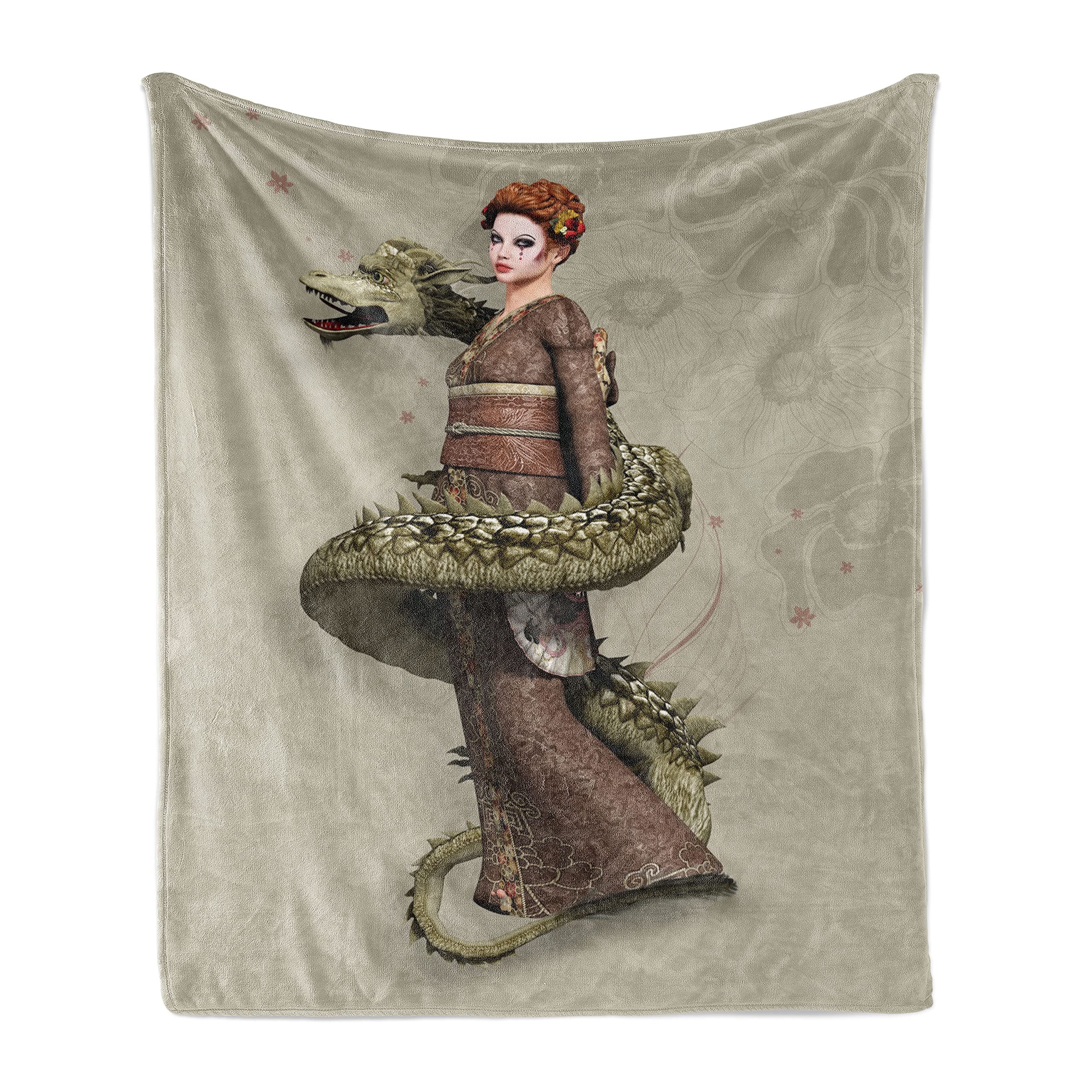 Ambesonne Fantasy Throw Blanket - Western Geisha with Dragon Design | Soft Flannel Fleece Blanket for Couch, Bed & Decor | 50x60 Inch Olive Green | Perfect for Home Decor, Gift Giving & Cozy Nights