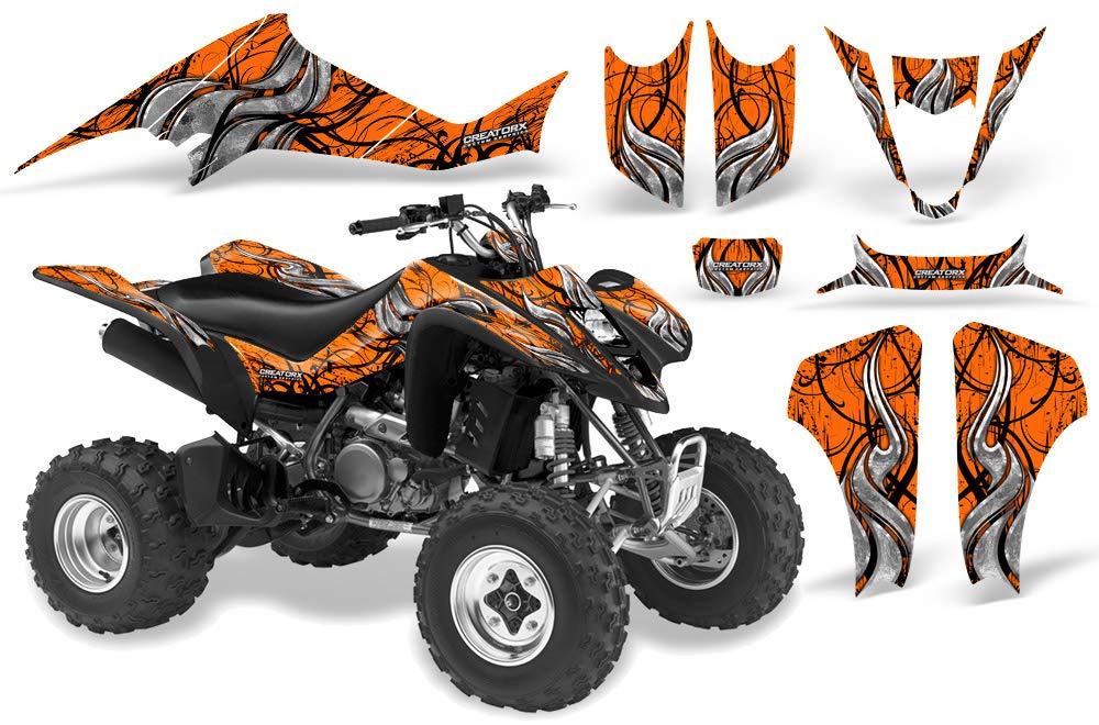 Kawasaki KFX 400 Graphics Kit - High-Quality Decals & Stickers in Fire Blade Black & Orange | Perfect for ATV Customization & Off-Road Racing