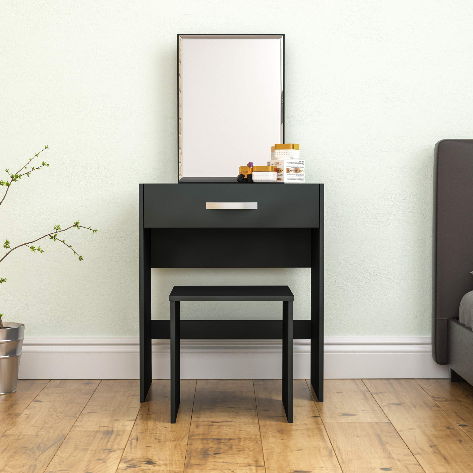 Black Makeup Vanity Set with Mirror & Stool - Isla 3331112 Dressing Table, Cosmetic Storage Desk for Bedroom (130x39x63.5cm) - Perfect for Makeup Organization, Beauty Routine & Small Space Decor