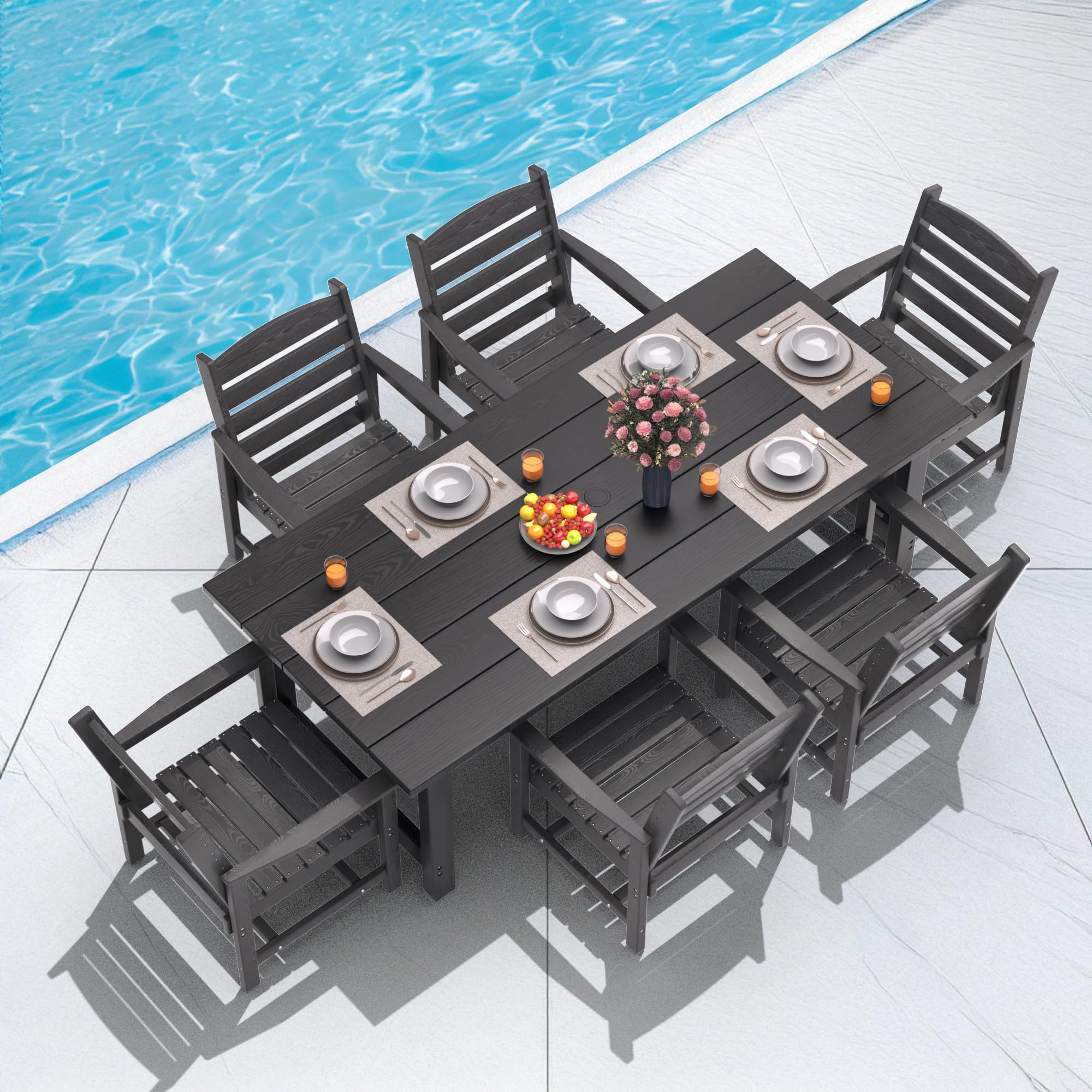 TenKa 7-Piece HDPE Patio Furniture Set for 6 People - Durable Outdoor Dining Table with 6 Chairs & Umbrella Hole - Perfect for Garden, Backyard, Lawn, Poolside & Outdoor Entertaining