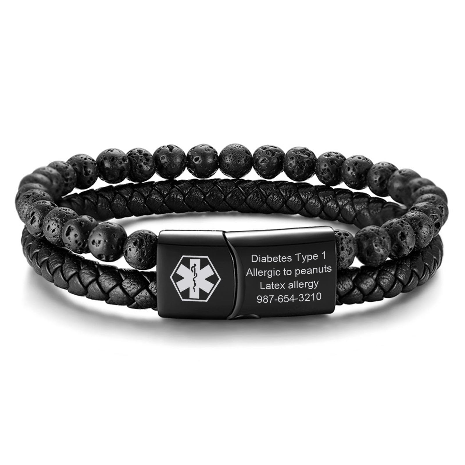 MEALGUET Engraved Medical Alert Bracelet for Men - Lava Rock Beads & Braided Leather 2-Layer ID Wristband | Allergy Awareness Jewelry | Perfect for Daily Wear, Travel & Emergency Situations