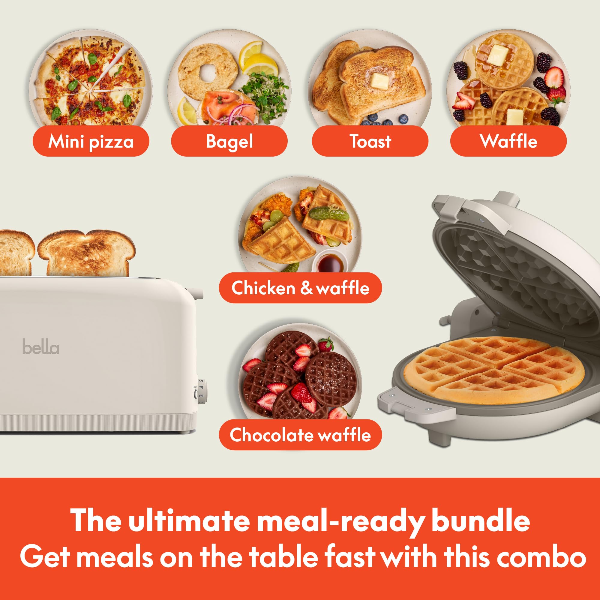 BELLA 2-Slice Compact Toaster with Flip-n-Store Ceramic Waffle Maker - Space-Saving Kitchen Appliance with EverGood™ Nonstick Coating & 6 Browning Settings - Perfect for Breakfast, Dorms, Small Kitchens & Oatmilk Waffles