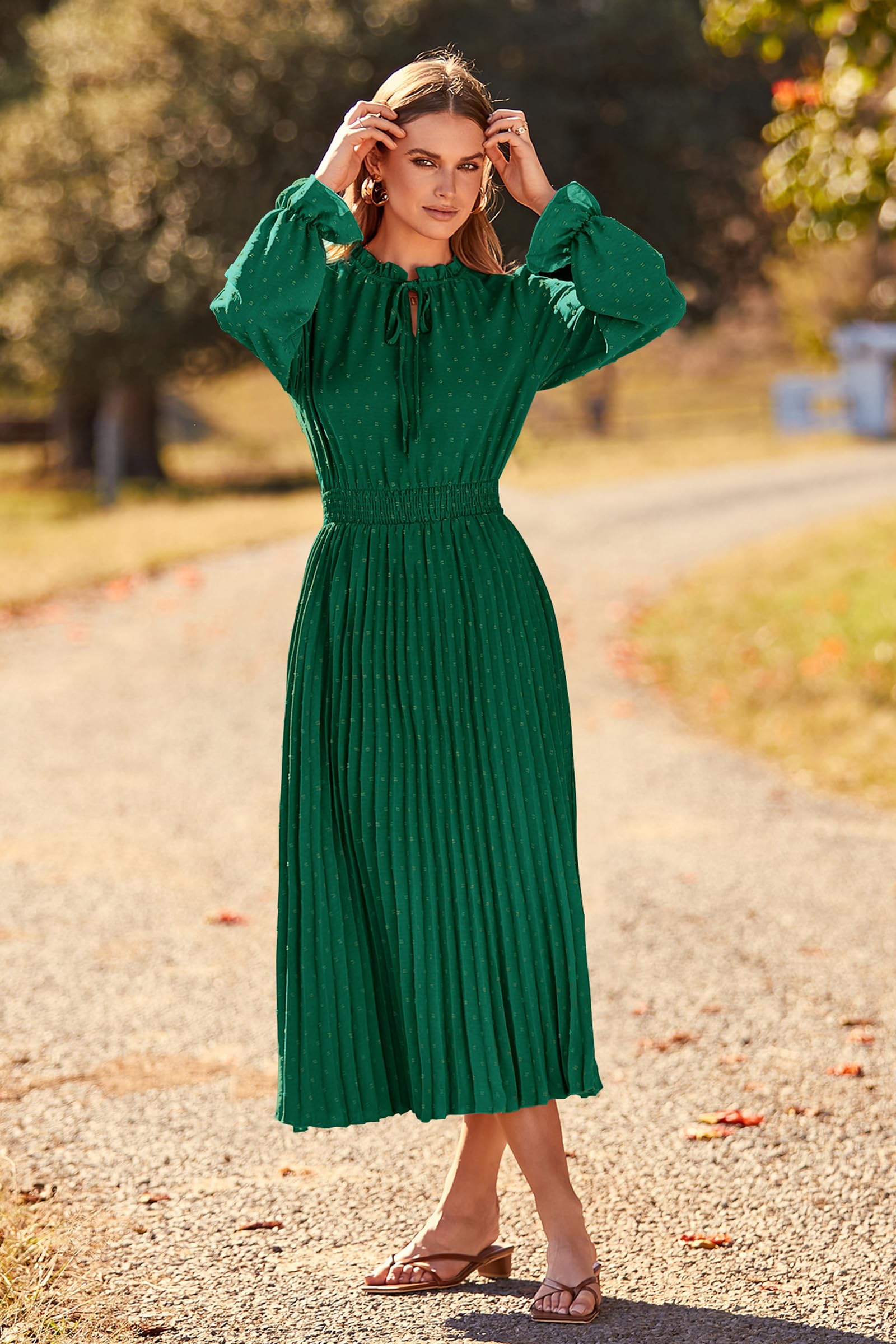 PRETTYGARDEN Women's 2025 Spring Fall Midi Dress - Casual Long Sleeve V-Neck Swiss Dot Pleated A-Line Flowy Dress for Work, Date Night & Special Occasions