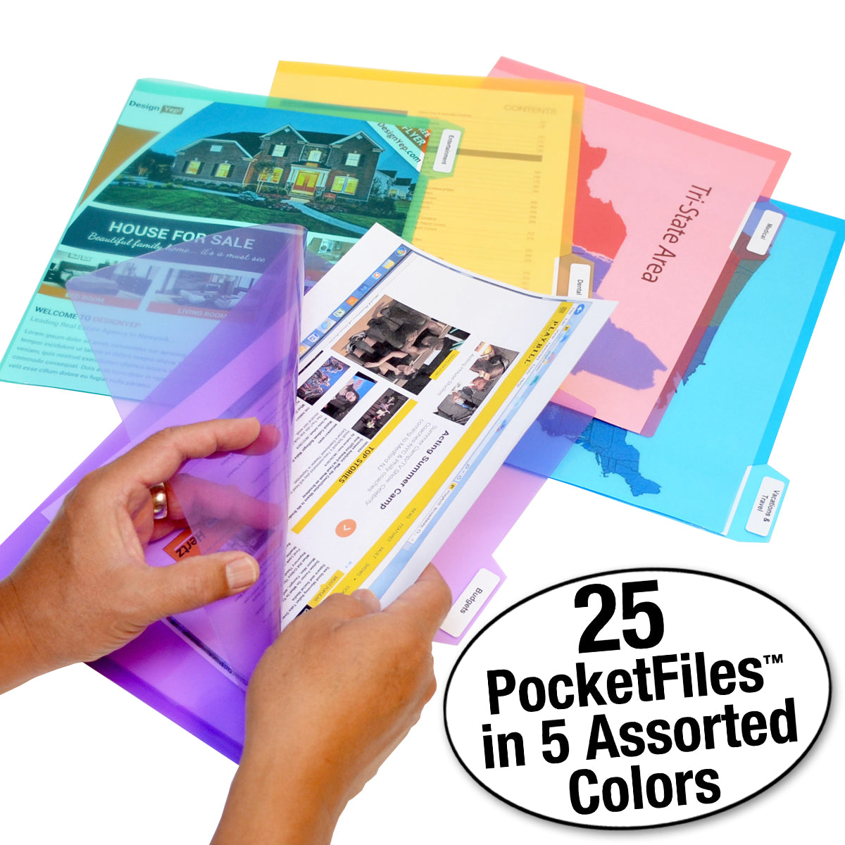 Ultimate Office PocketFile™ Clear Poly Document Folder - 5th Cut Letter Size (Set of 25) - 5 Assorted Colors for Organizing Files, Projects, and Office Documents - Perfect for Home, School, and Workplace Organization