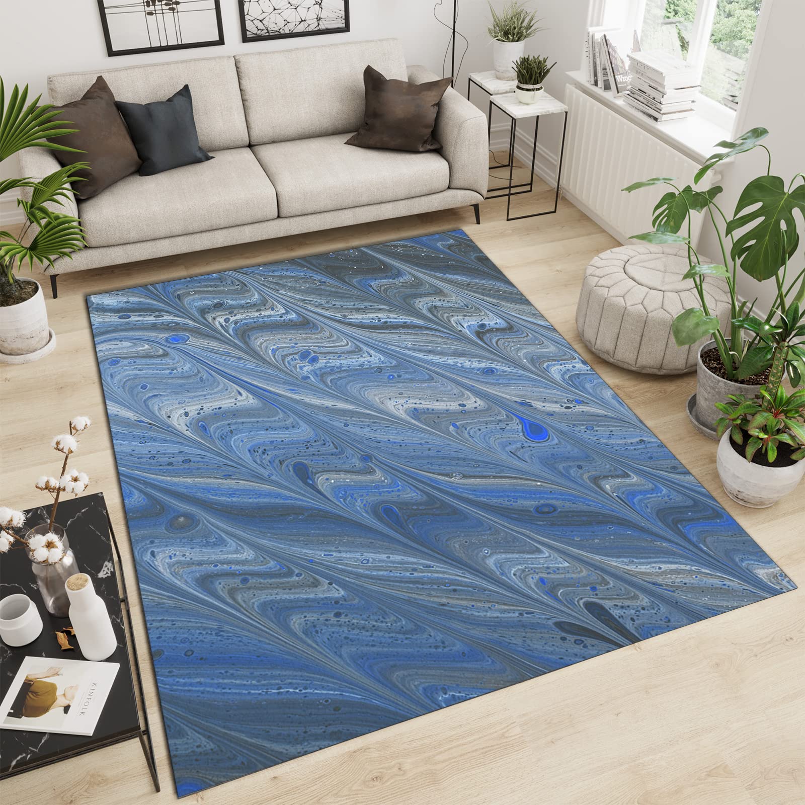 Modern Minimalist Blue Wave Area Rugs - Non-Slip Machine Washable Soft Breathable Rug for Bedroom, Living Room, Study & Game Room - 6x8ft Water Ripple Design Home Decor - Perfect for Coastal, Boho & Contemporary Interior Styles