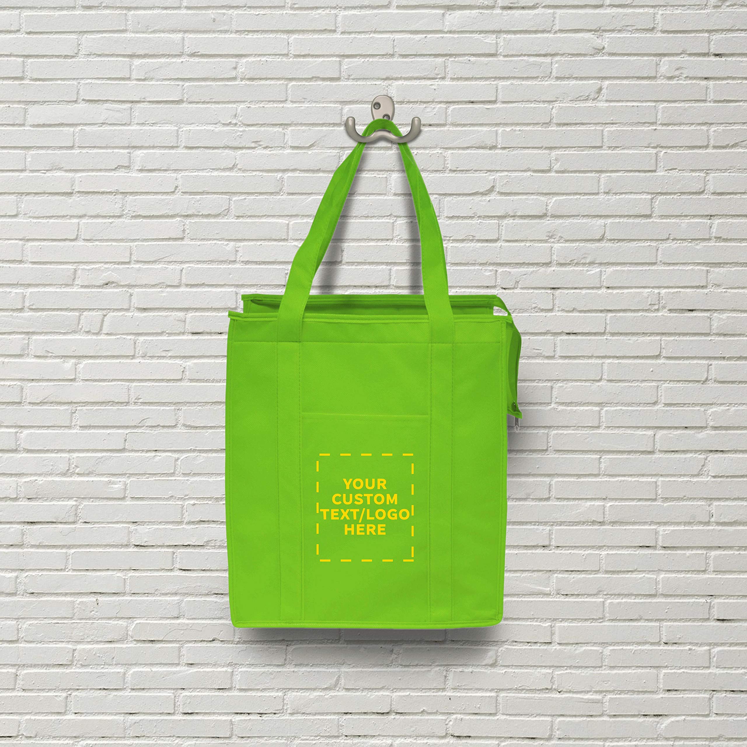 Custom Non-Woven Insulated Reusable Tote Bags - Bulk Pack of 10 Personalized Grocery Bags for Picnic, Camping, Beach & Outdoor Activities - Eco-Friendly Lime Green Shopping Bags for Groceries, Market & Travel