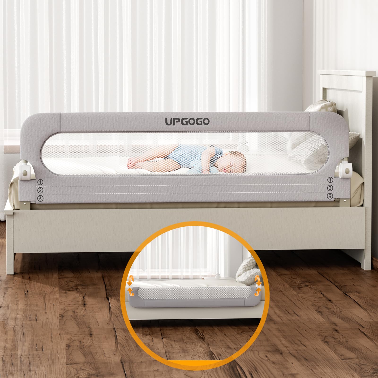 **Toddler Safety Bed Rail - Adjustable Folding Bed Guard for Kids with Reinforced Anchor System - Fits Twin, Full, Queen & King Size Beds (Grey, 71