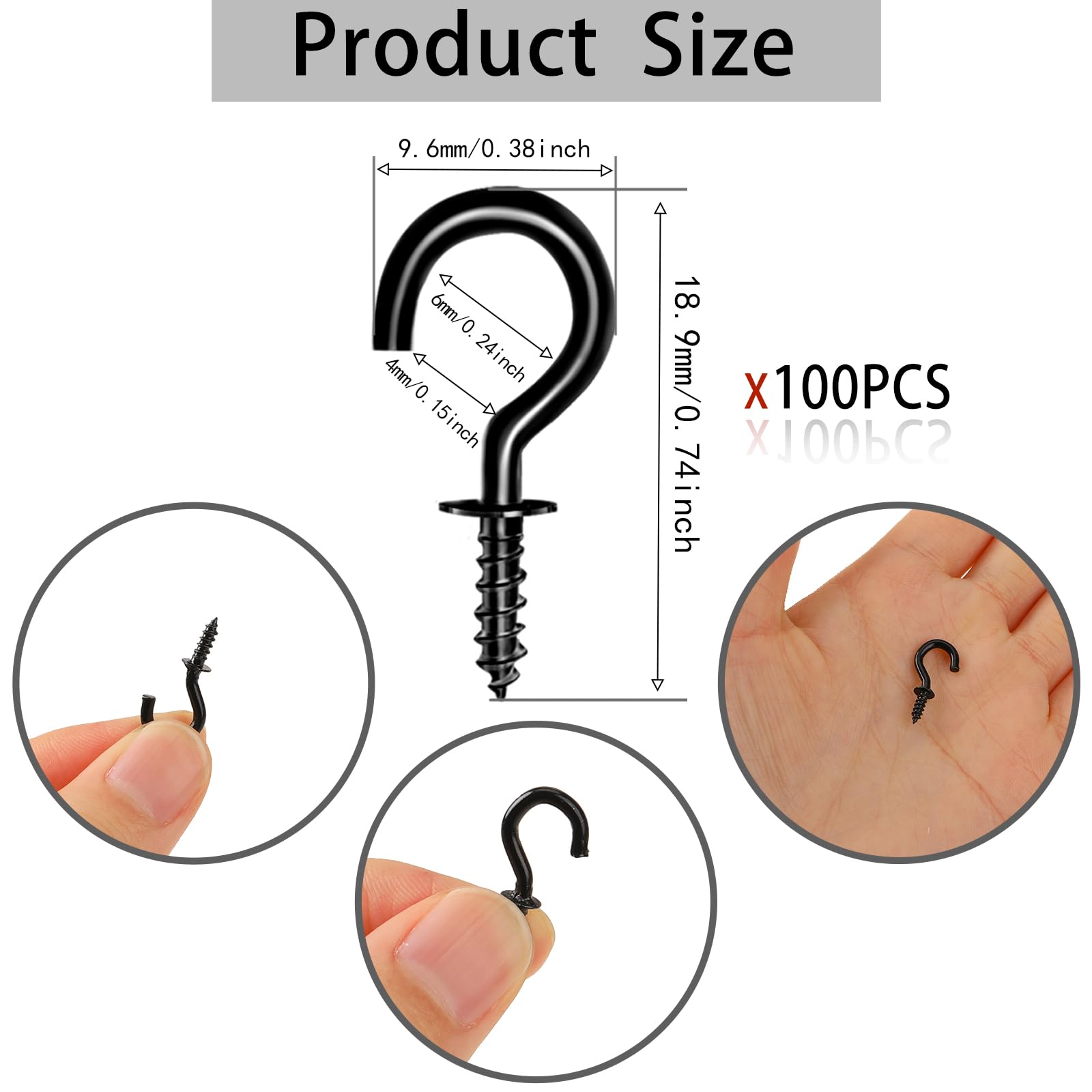 100-Pack Black Small Screw Hooks - 0.5 Inch Metal Ceiling Hooks for Hanging Plants, Pictures & Decor - Durable Tiny Screw-in Cup Hooks Kit for Home, Office & DIY Projects