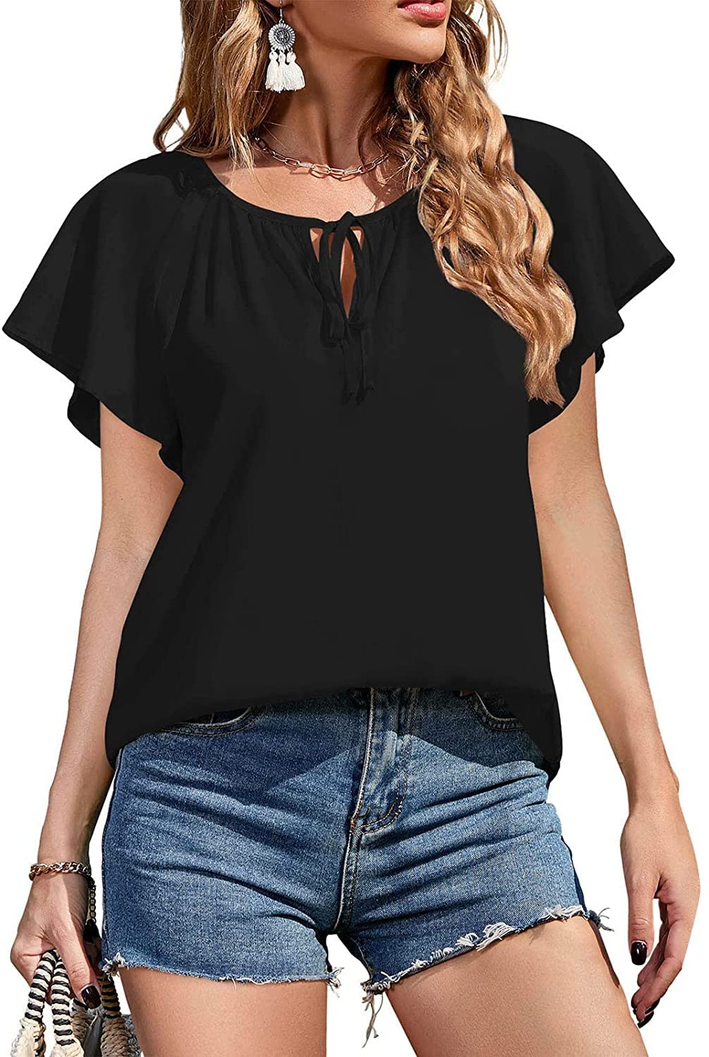 Women's Summer V-Neck Ruffle Sleeve Chiffon Blouse - Flowy Casual Shirt for Women - Perfect for Beach Outings, Date Nights & Office Wear