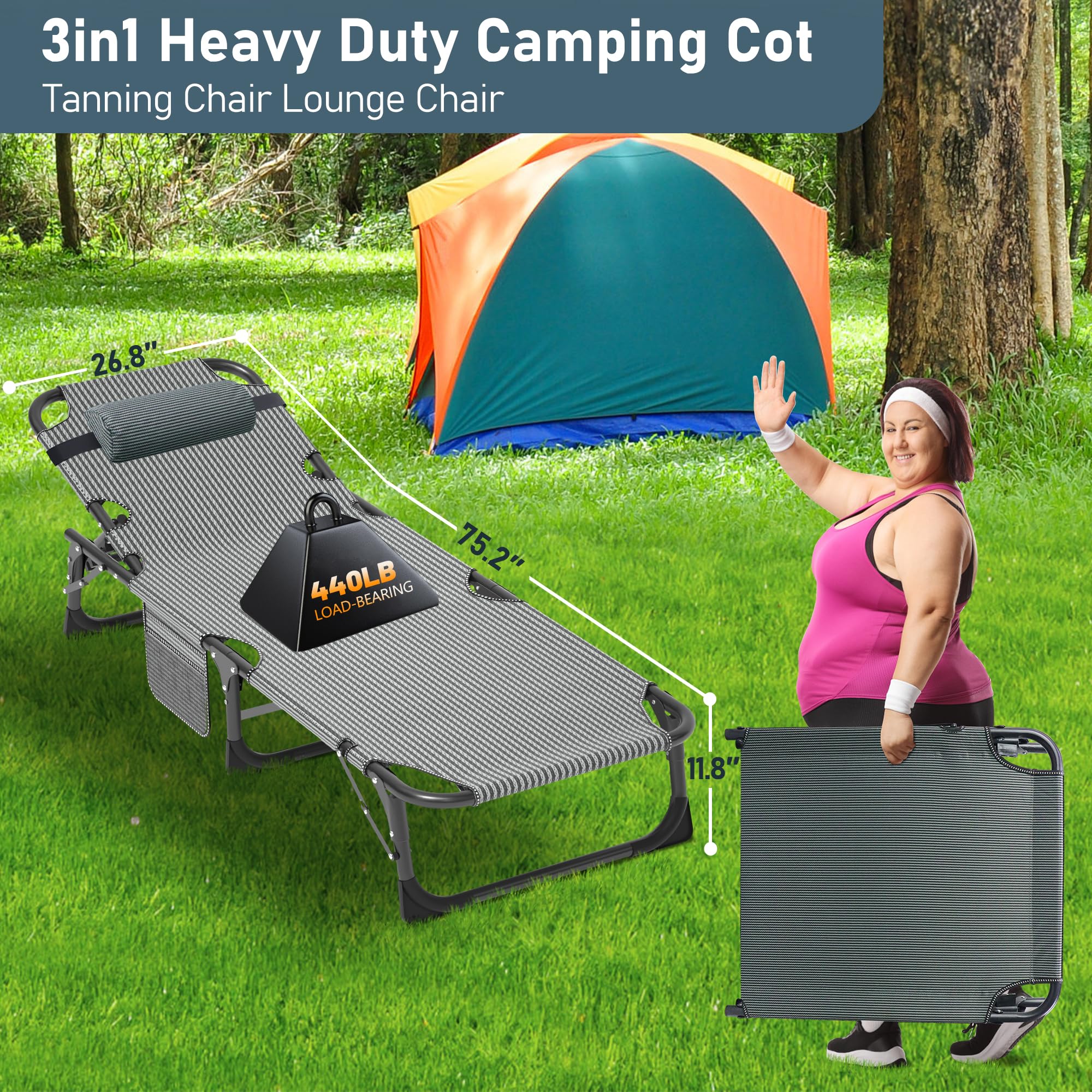 ABORON 5-Position Adjustable Camping Cot for Adults - Portable Folding Sleeping Cot & Outdoor Lounge Chair with Pillow - Perfect for Beach, Lawn, Camping, Poolside & Sunbathing