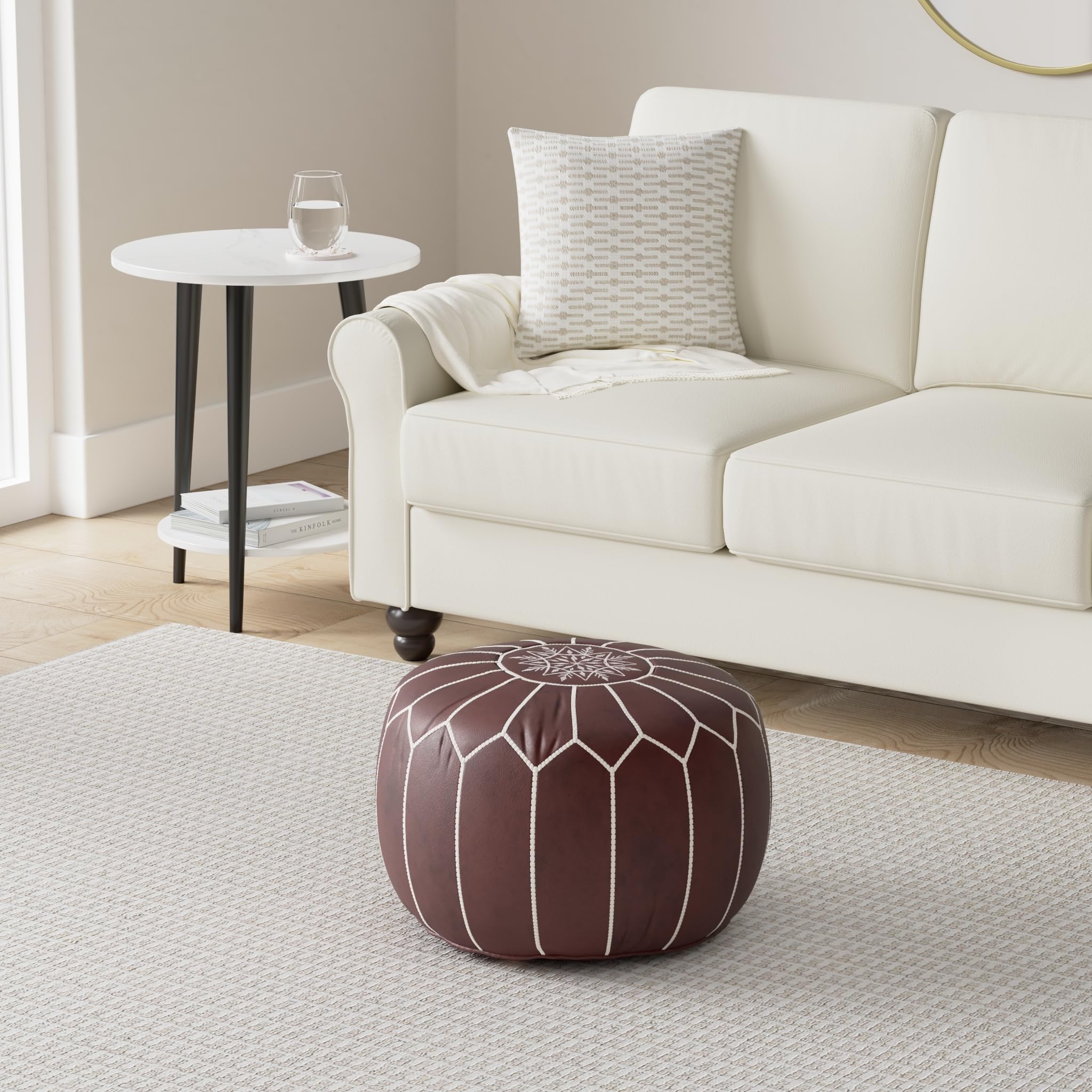 KENZADI Genuine Leather Ottoman Pouf Cover - Handcrafted in Marrakech by Moroccan Artisans, Footstool, UNSTUFFED (Dark Brown) - Perfect for Living Room, Bedroom & Boho Home Decor