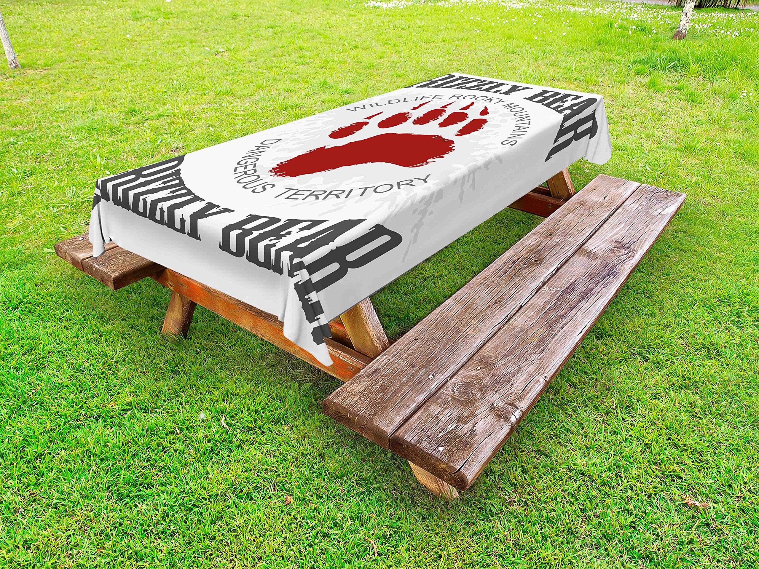 Grizzly Bear Print Washable Outdoor Tablecloth - 58x120 Inch Grunge Wildlife Picnic Table Cover for Cabin, Camping & BBQ - Grey Red White Decorative Durable Fabric