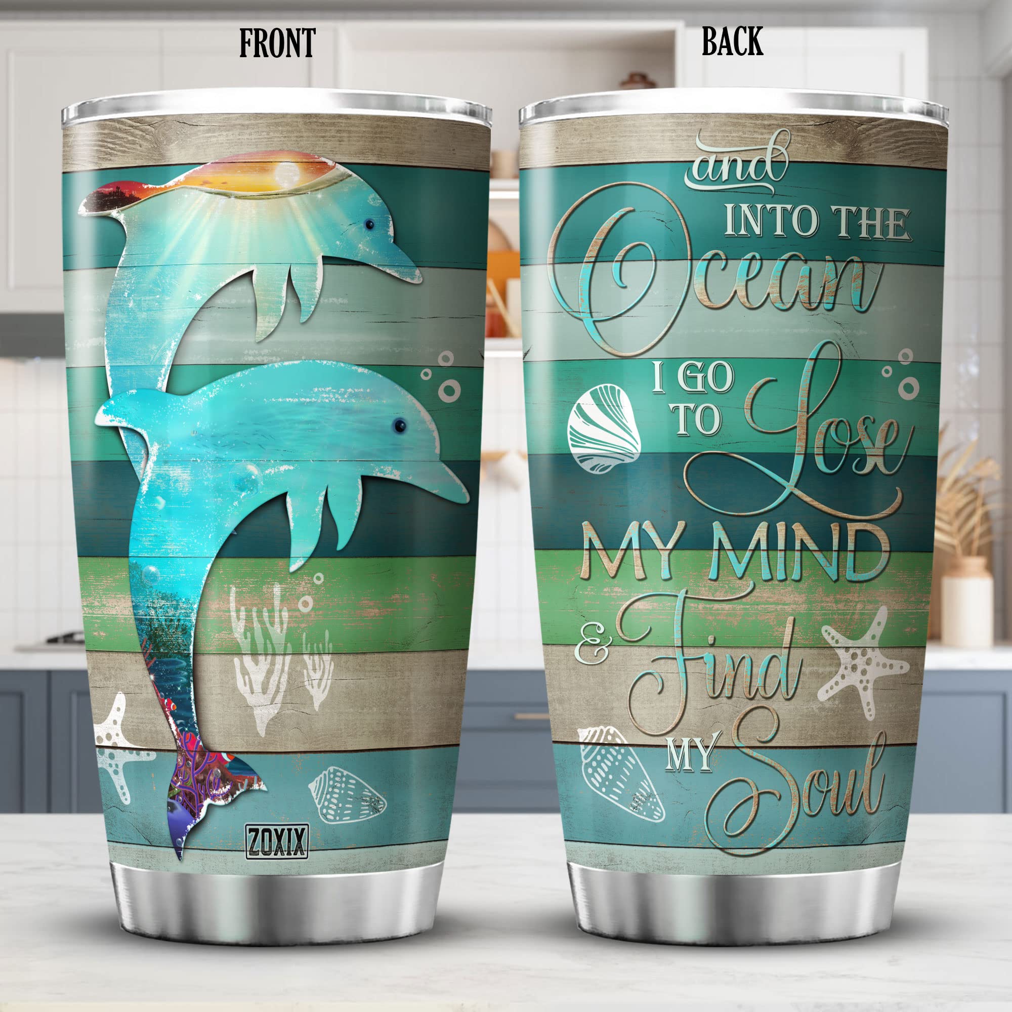 ZOXIX Vintage Dolphin Tumbler 20oz - Insulated Stainless Steel Coffee Cup with Lid - Ocean Inspired Travel Mug for Women & Girls - Perfect for Beach Trips, Office Use & Gifts