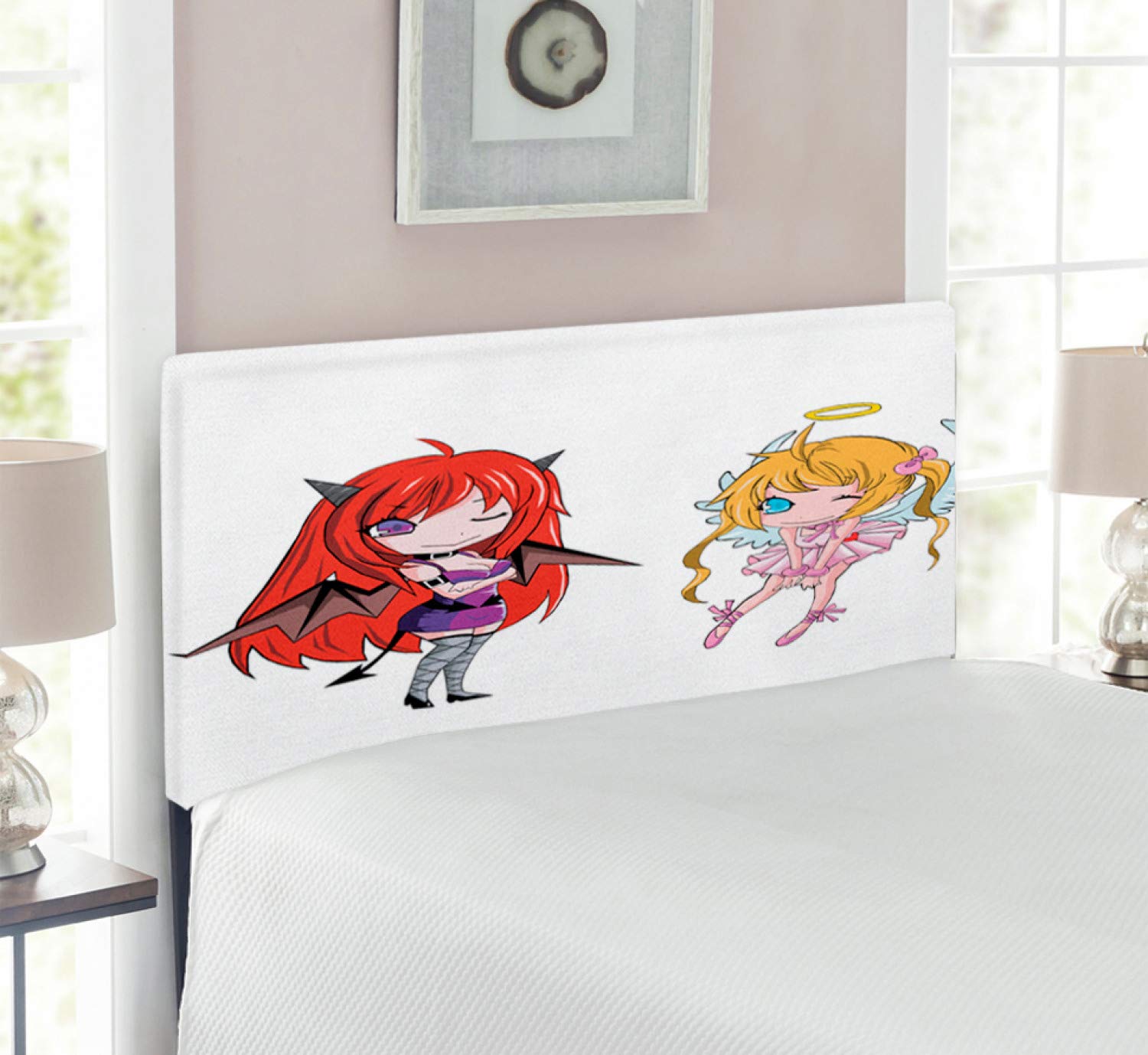 Ambesonne Anime Headboard with Angel Wings & Demon Girl Horns - Japanese Manga Art Print Upholstered Metal Bed Frame - Twin Size White Memory Foam Headboard for Bedroom Decor | Perfect for Anime Fans & Manga Lovers' Rooms