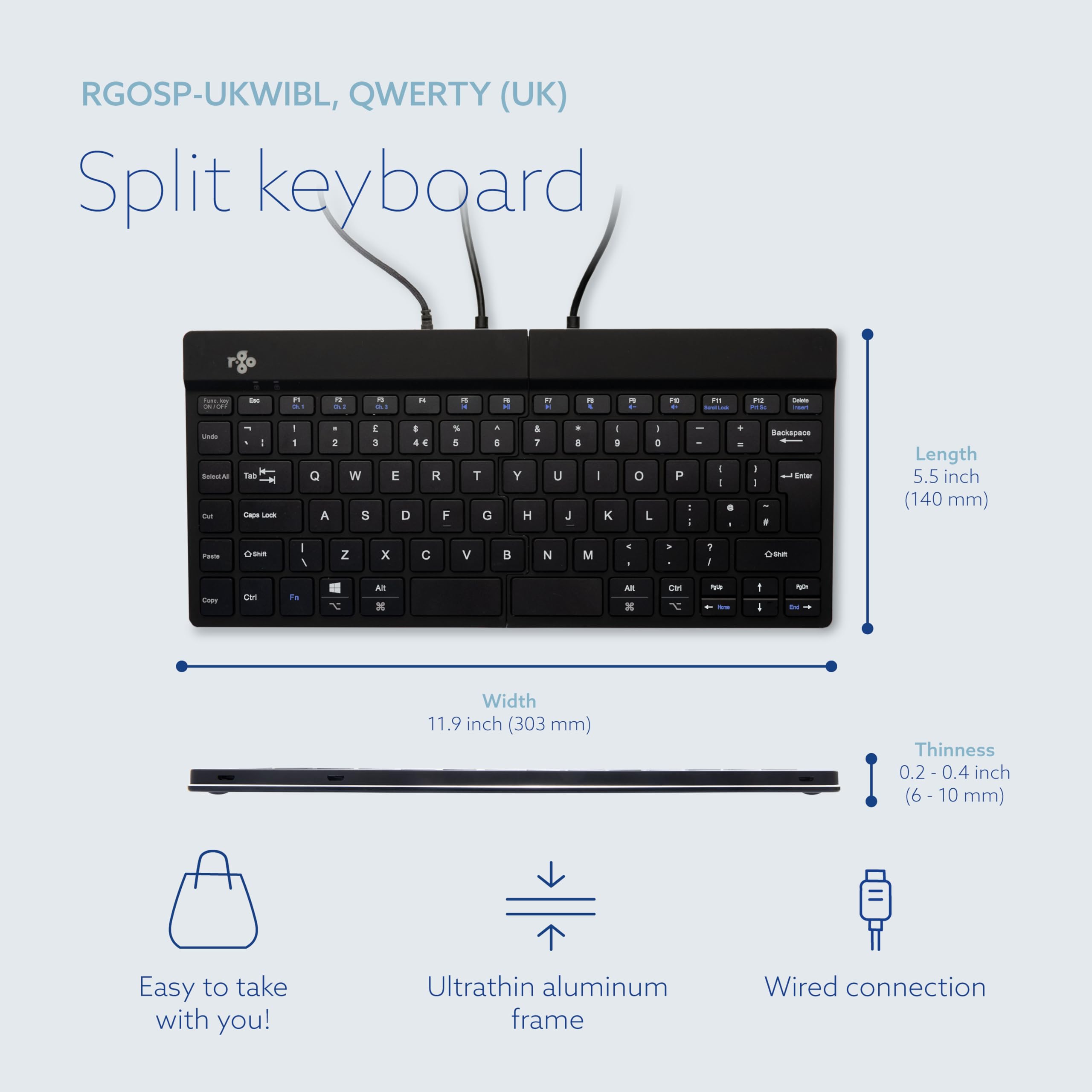 R-Go Ergonomic Split Keyboard - Natural Typing for Carpal Tunnel Relief | 2-Part Ultra Thin Design with Break Reminder Software | QWERTY(UK) Layout USB Wired Black Keyboard | Perfect for Office, Home & Long Typing Sessions