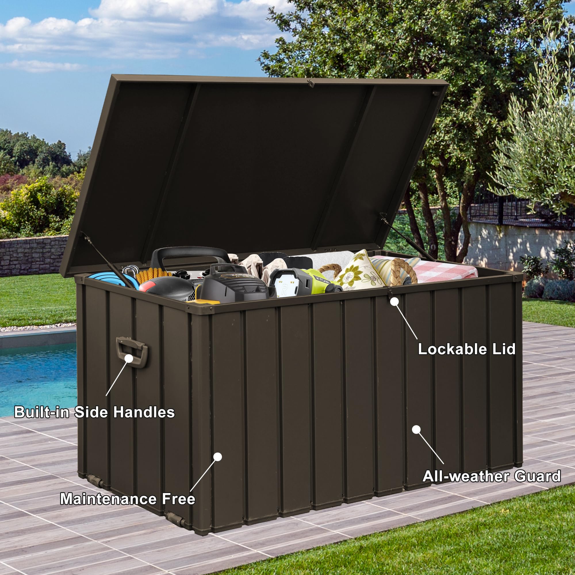 120 Gallon Outdoor Deck Box - Lockable Waterproof Storage Cabinet for Patio Furniture, Garden Tools & Pool Supplies | Large Metal Storage Bin for Cushions & Outdoor Gear | Durable Brown Deck Box for Backyard, Patio & Poolside Organization