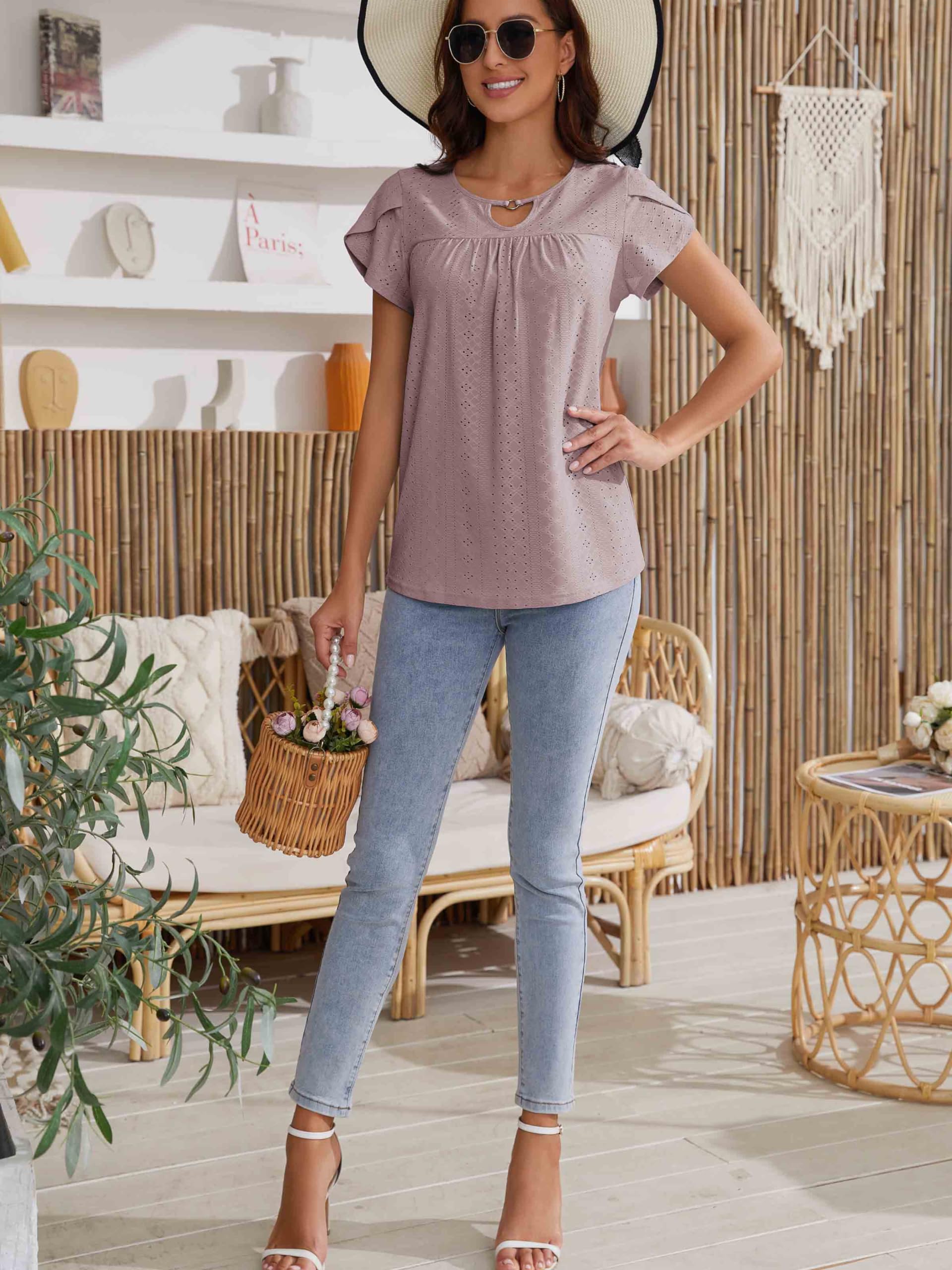 Women's Casual Short Sleeve Pleated Blouse - Flowy Petal Sleeve Loose Top for Work, Date Night & Summer Outfits | Neineiwu Fashion