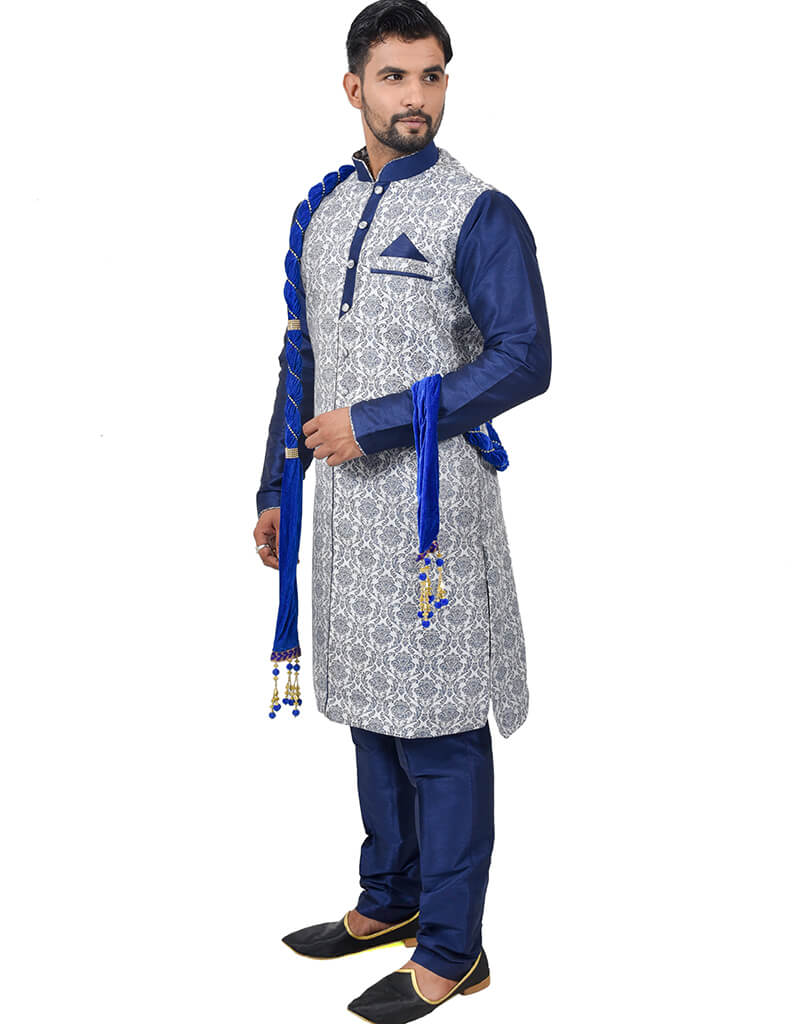 Blue Indo-Western Cotton Brocade Silk Chudidar - Elegant Ethnic Dress for Women | Perfect for Weddings, Festivals & Special Occasions