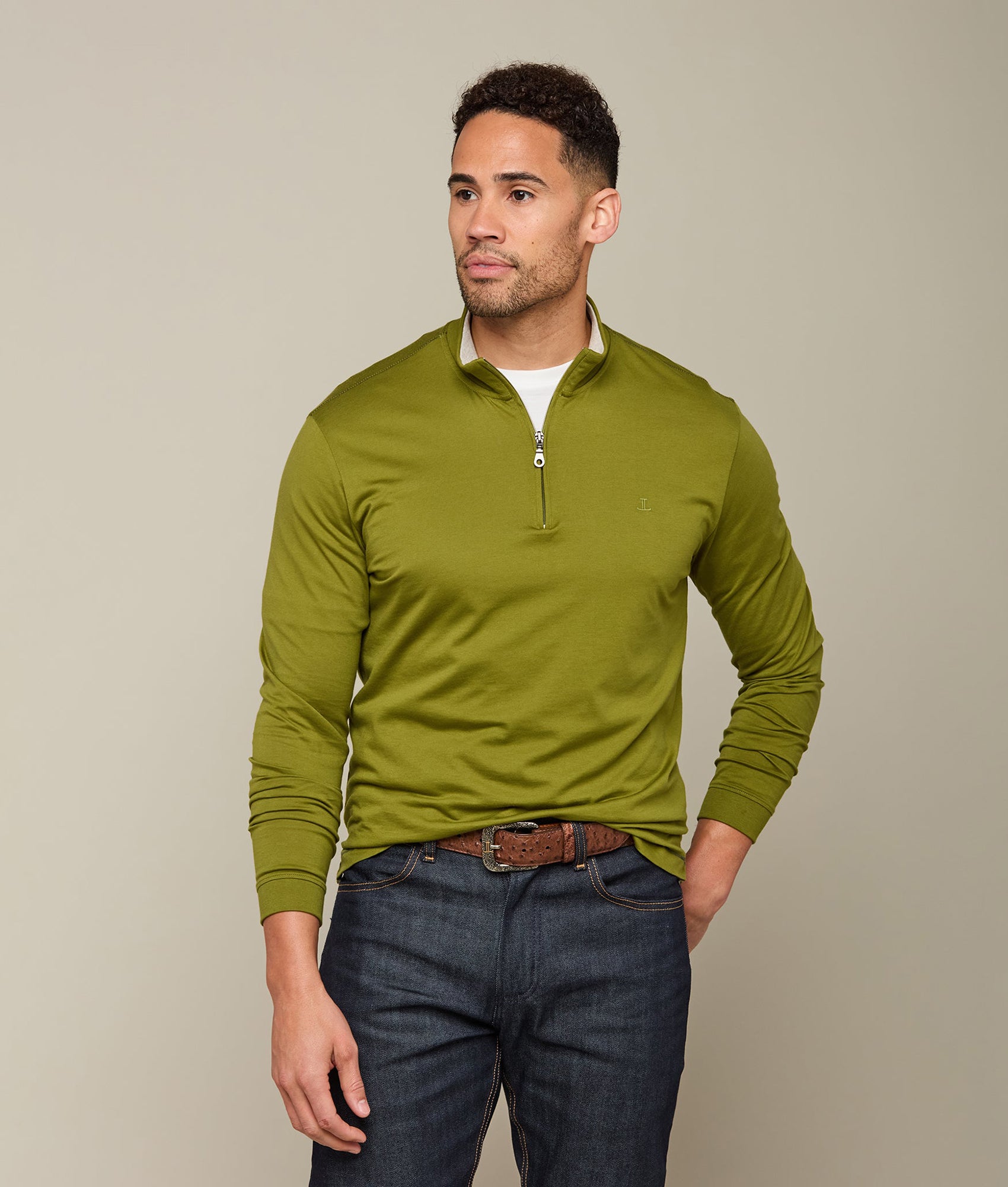 Lucchese Men's Pima Cotton Quarter Zip Pullover Sweater - Olive Green | Soft & Breathable Casual Wear for Fall & Winter | Perfect for Outdoor Activities & Office