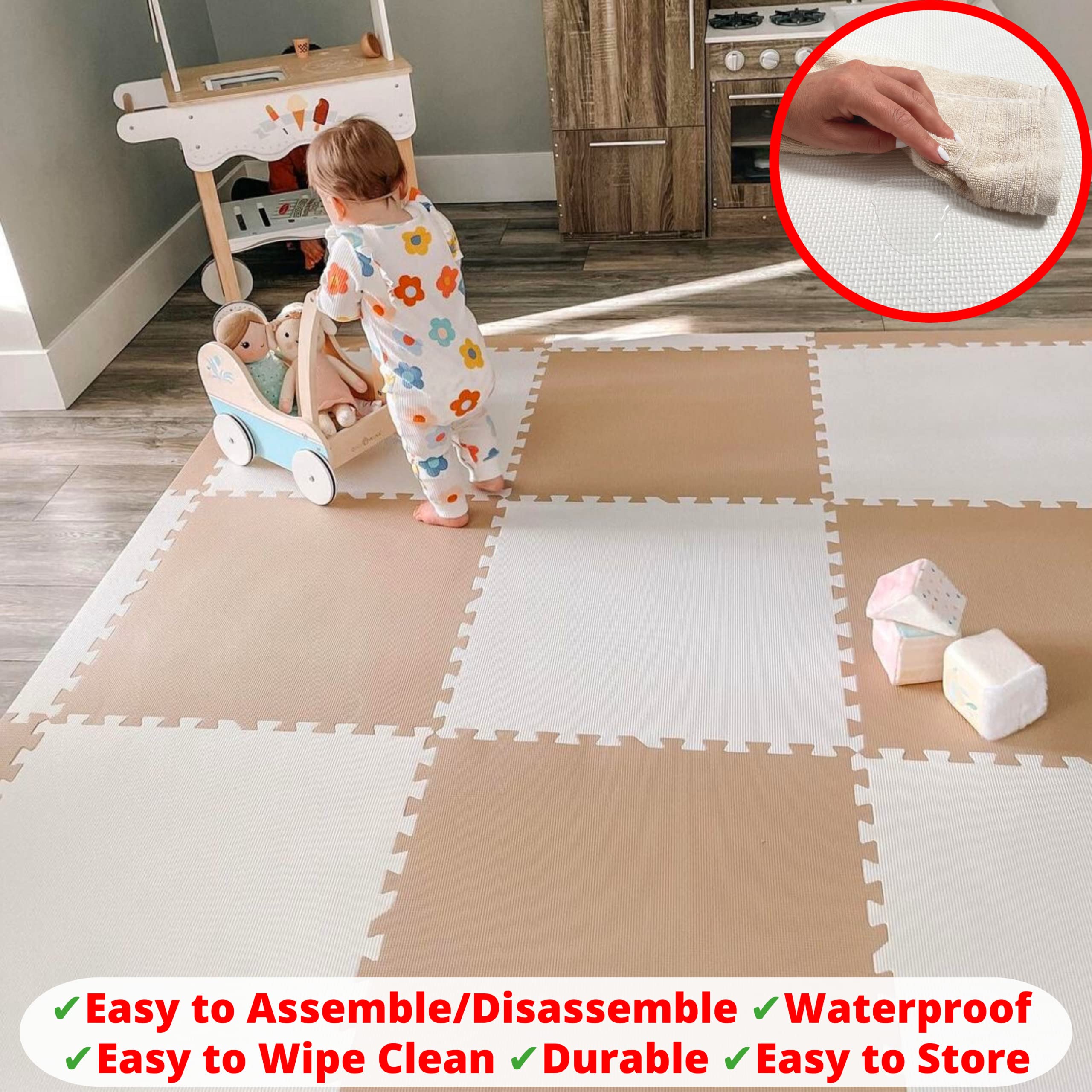 **Extra Large Baby Play Mat - 74x74 Inches Non-Toxic Foam Floor Tiles for Infants & Toddlers | Thick Interlocking Puzzle Playmat for Crawling, Tummy Time & Learning Activities (Beige/White) - Perfect for Nursery, Daycare & Playroom**