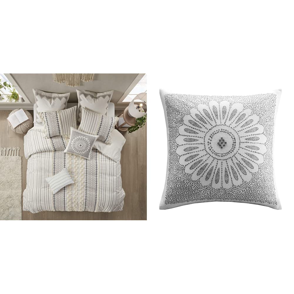 INK+IVY King Size Chenille Tufted Breathable Cotton Comforter Set - All Season Modern Boho Bedding with Farmhouse Flare, Includes 2 Matching Shams (3-Piece, Ivory) | Perfect for Master Bedroom, Guest Room & Cozy Home Decor | INK+IVY Sofia Mid Century Modern 20x20 Square Decorative Pillow - Medallion Embroidery Grey Lumbar Support Cushion for Sofa, Bed & Living Room