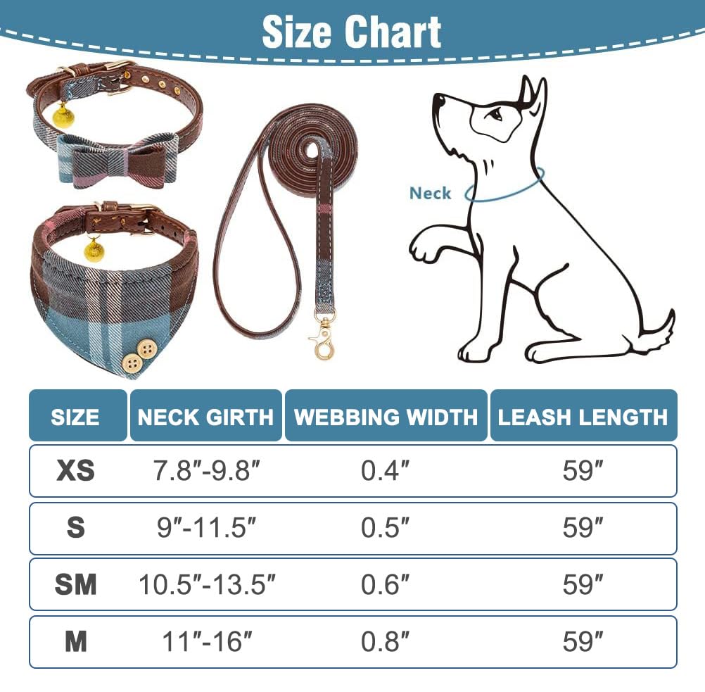 EXPAWLORER Adjustable Dog Collar and Leash Set with Plaid Bow Tie, Bandana & Bell - Tangle-Free Leash for Small, Medium & Large Dogs - Perfect for Holidays, Walks & Gifting